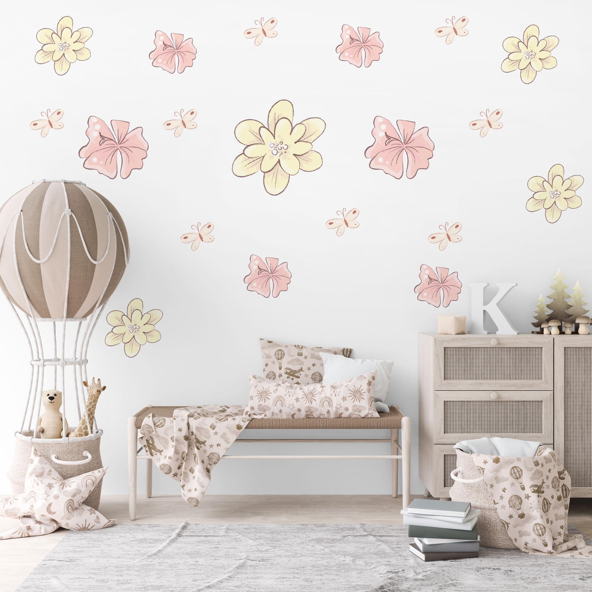 Butterfly Flower Wall Stickers, Pastel Floral Nursery Decor, Peel And Stick Wall Decals, Girls Bedroom Wall Art, Butterfly Nursery Stickers