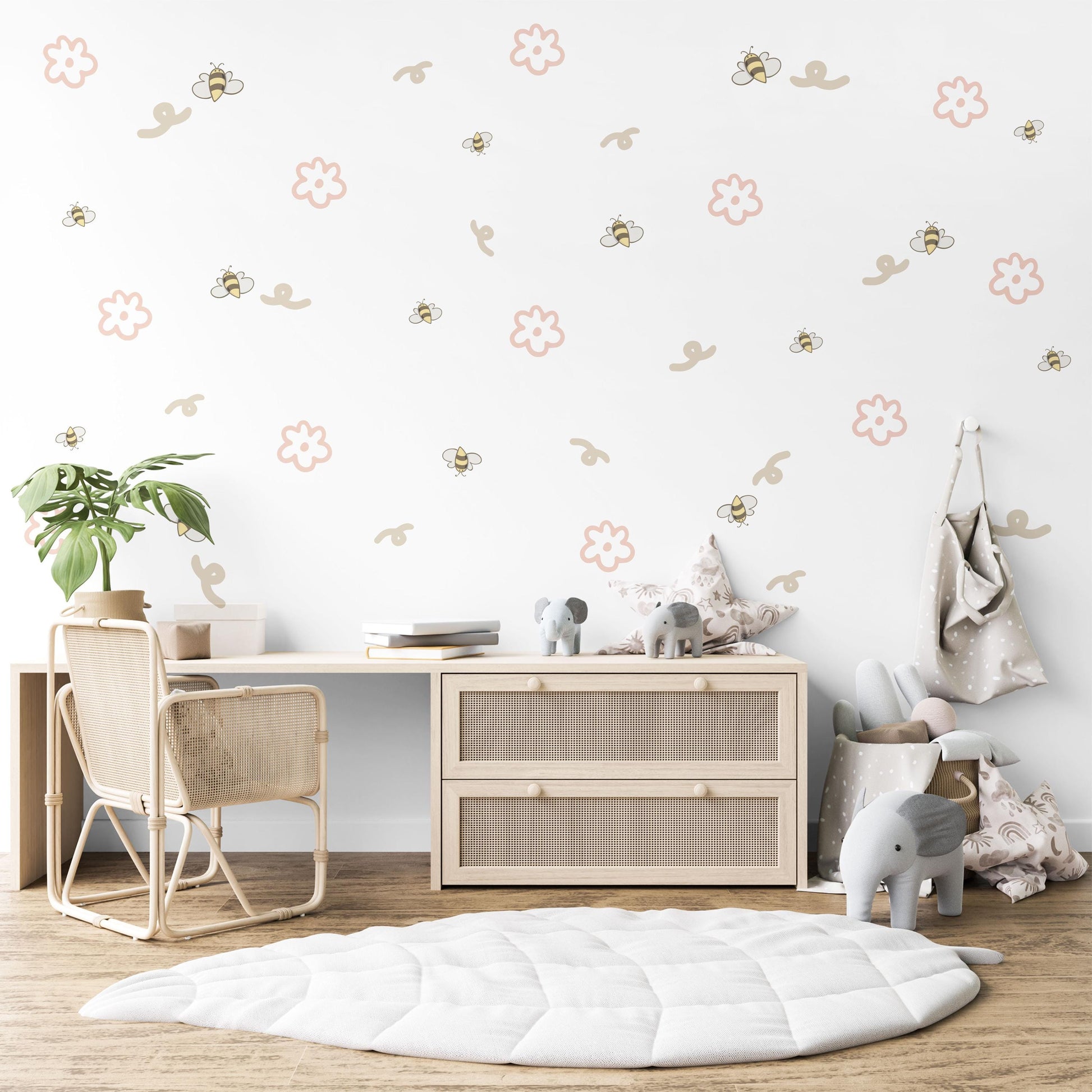Bee & Daisy Wall Stickers, Neutral Nursery Decor, Boho Flower Wall Decals, Peel And Stick Nursery Stickers, Bumble Bee Bedroom Wall Art