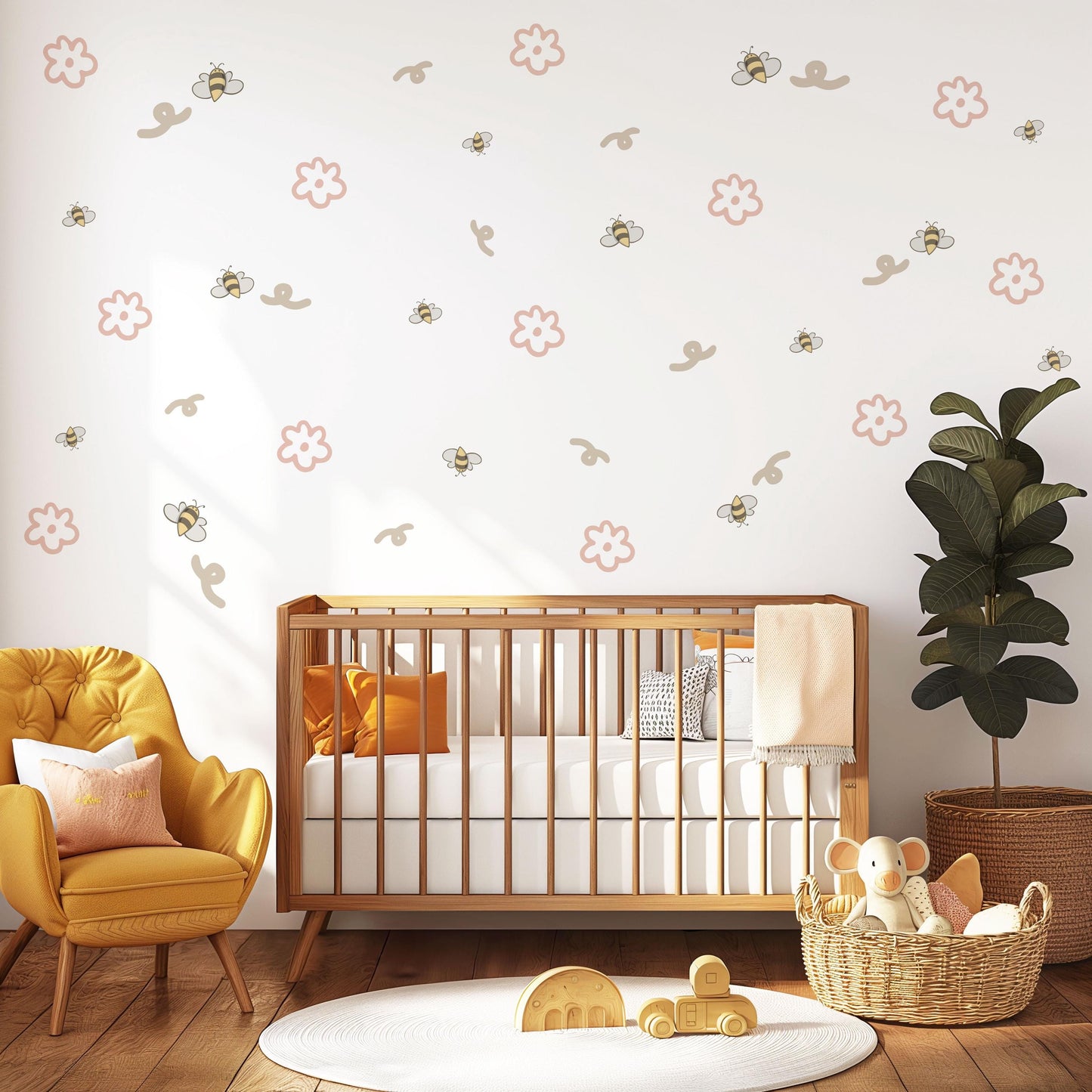 Bee & Daisy Wall Stickers, Neutral Nursery Decor, Boho Flower Wall Decals, Peel And Stick Nursery Stickers, Bumble Bee Bedroom Wall Art