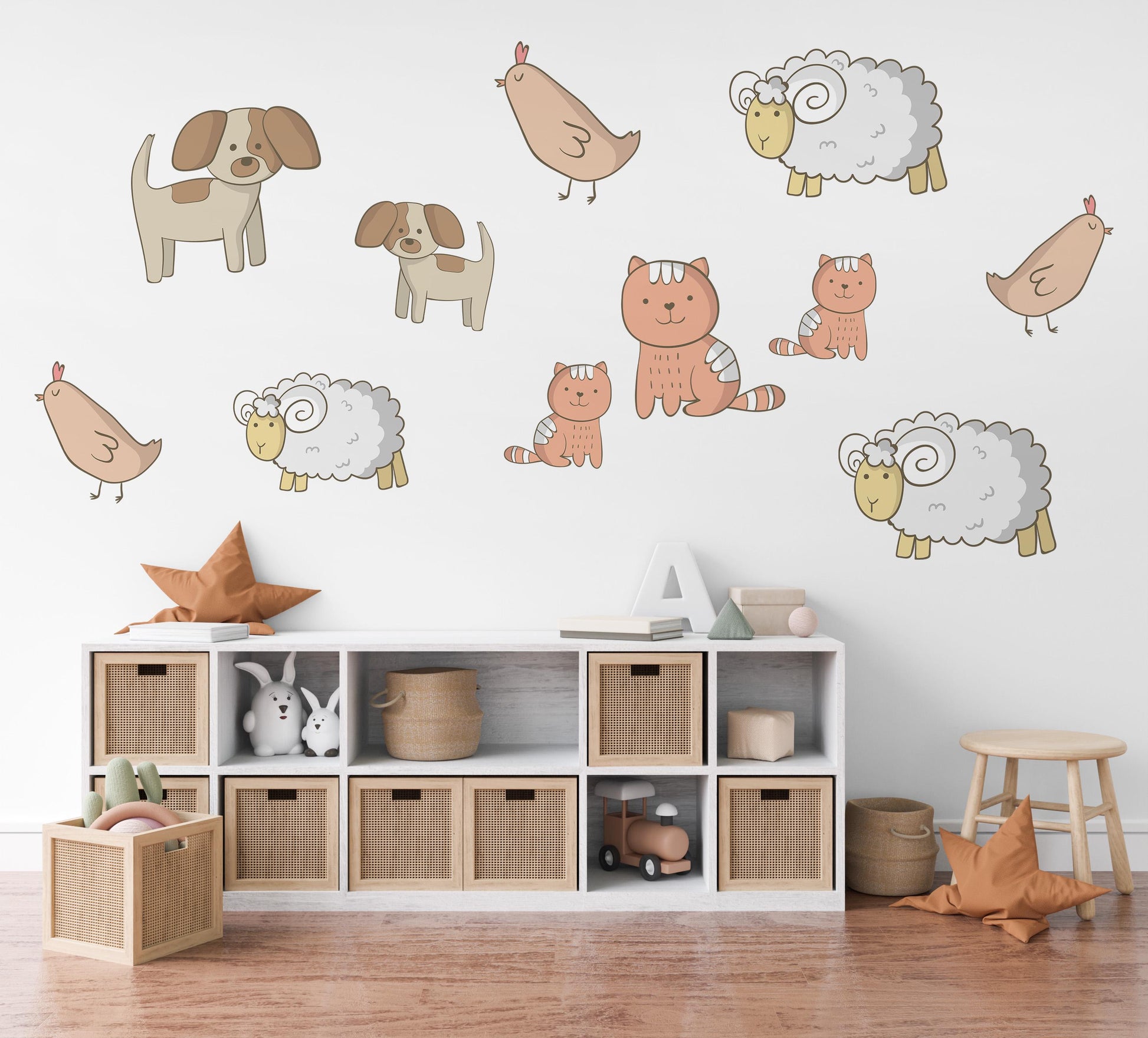 Farm Animal Wall Stickers, Nursery Animal Wall Decals Sheep Dog Cat Chicken Stickers, Farmyard Nursery Decor, Peel And Stick Kids Room Decor