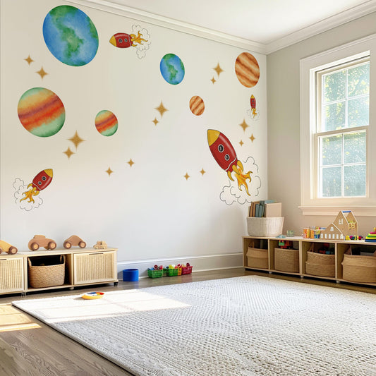 Space Wall Stickers Rocket Nursery Wall Decals Solar System Wall Decor Planet Wall Stickers Outer Space Nursery Decor, Boys Bedroom Stickers