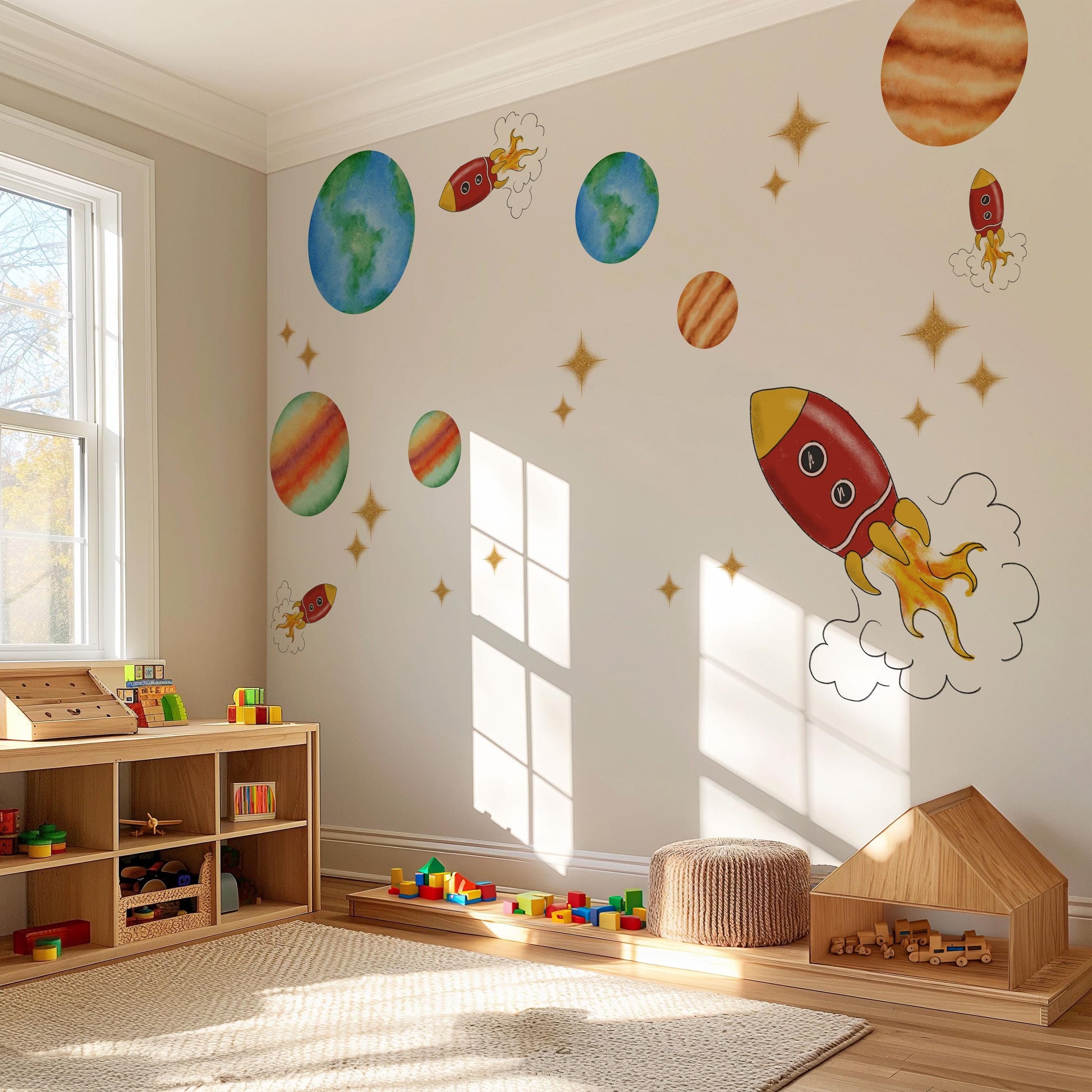 Space Wall Stickers Rocket Nursery Wall Decals Solar System Wall Decor Planet Wall Stickers Outer Space Nursery Decor, Boys Bedroom Stickers