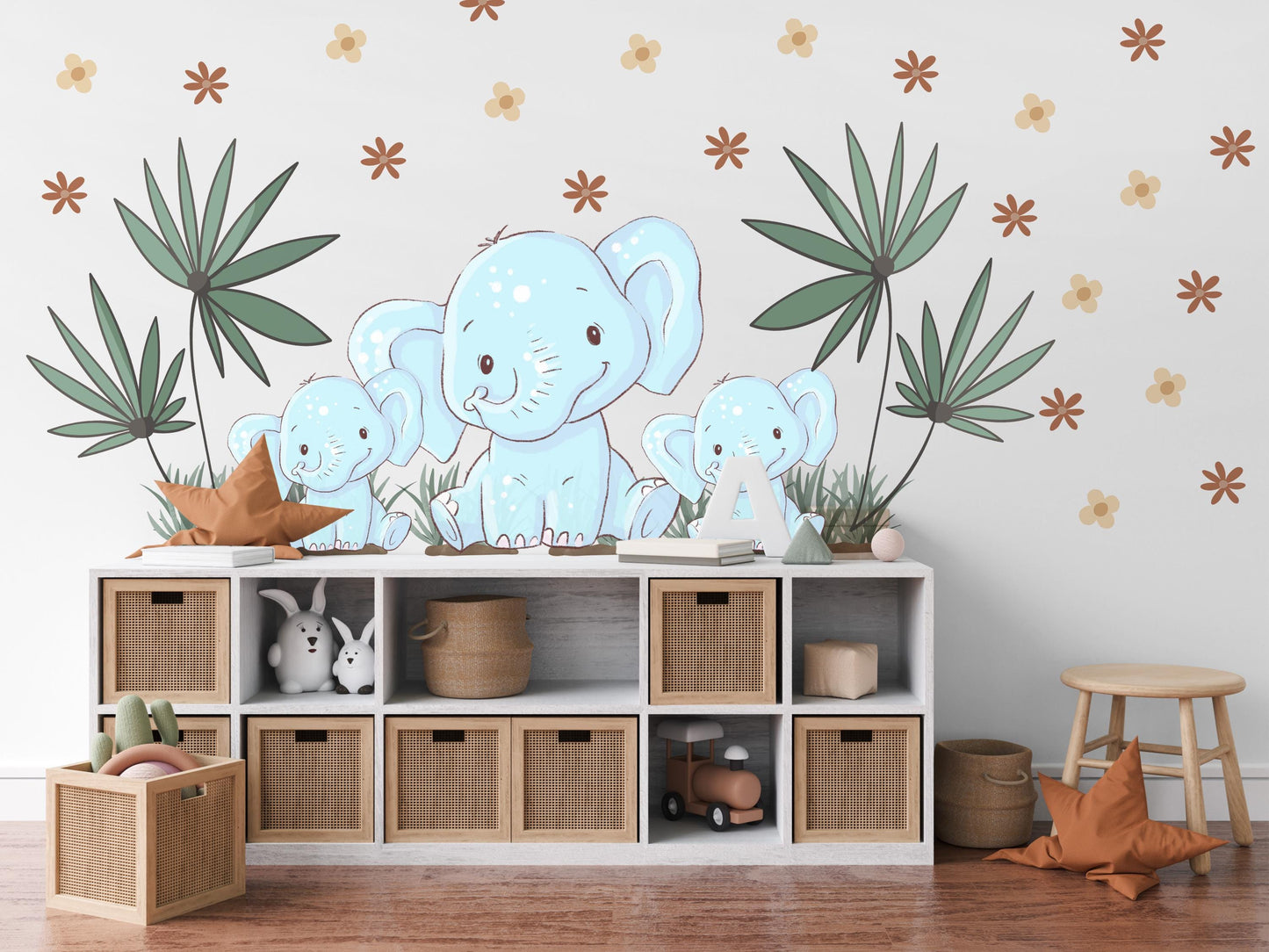 Elephant Nursery Wall Stickers Safari Wall Decals Jungle Nursery Decor Baby Elephant Wall Art, Neutral Nursery Stickers, Playroom Wall Decor