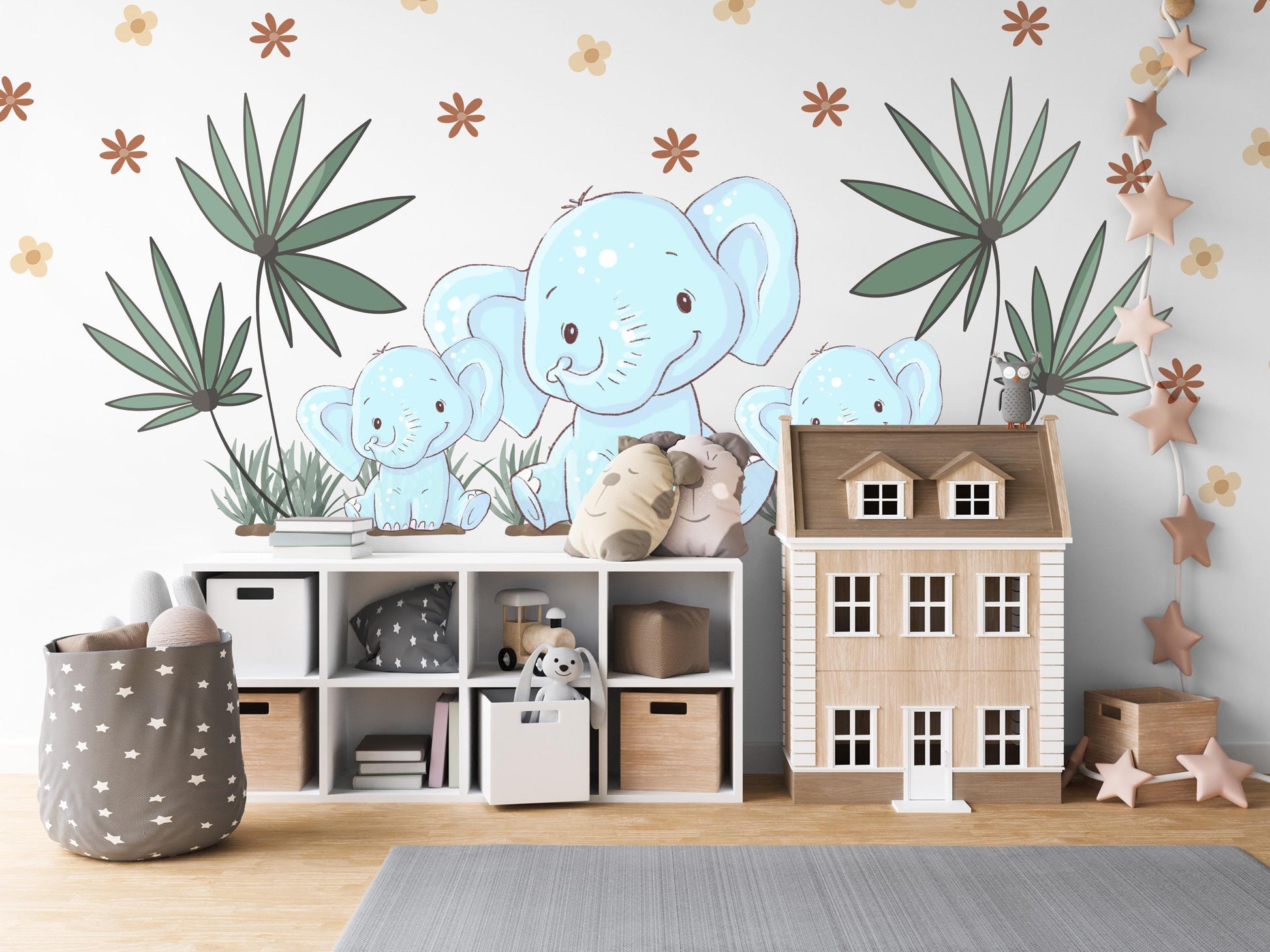 Elephant Nursery Wall Stickers Safari Wall Decals Jungle Nursery Decor Baby Elephant Wall Art, Neutral Nursery Stickers, Playroom Wall Decor