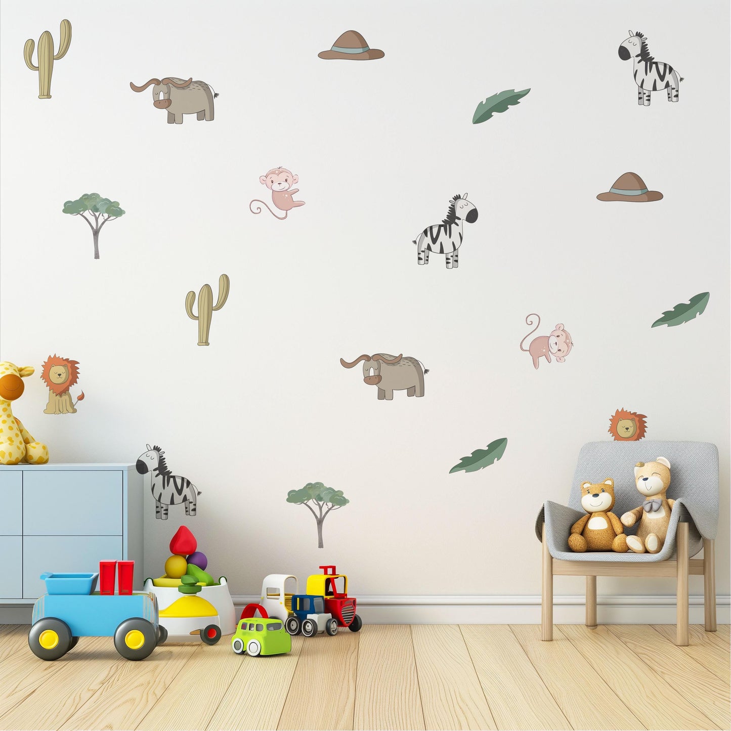 Safari Animal Wall Stickers Jungle Nursery Wall Decals Lion Zebra Monkey Decor Neutral Safari Nursery Baby Animal Wall Art Kids Room Sticker