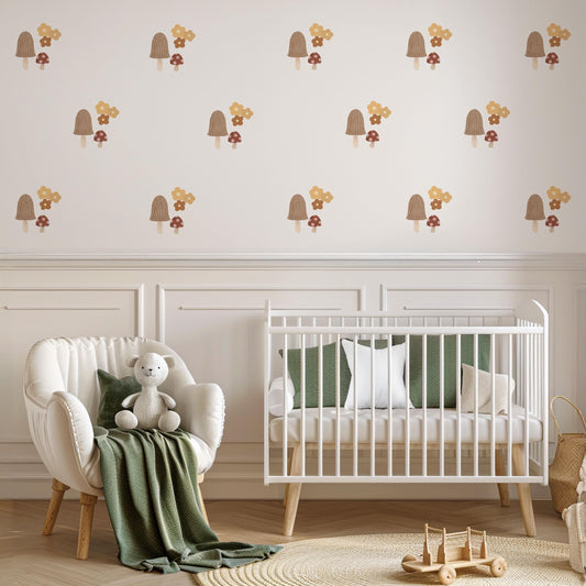 Woodland Mushroom Wall Stickers, Boho Nursery Decor, Neutral Nursery Wall Decals, Cottagecore Nursery Wall Art, Forest Mushroom Stickers