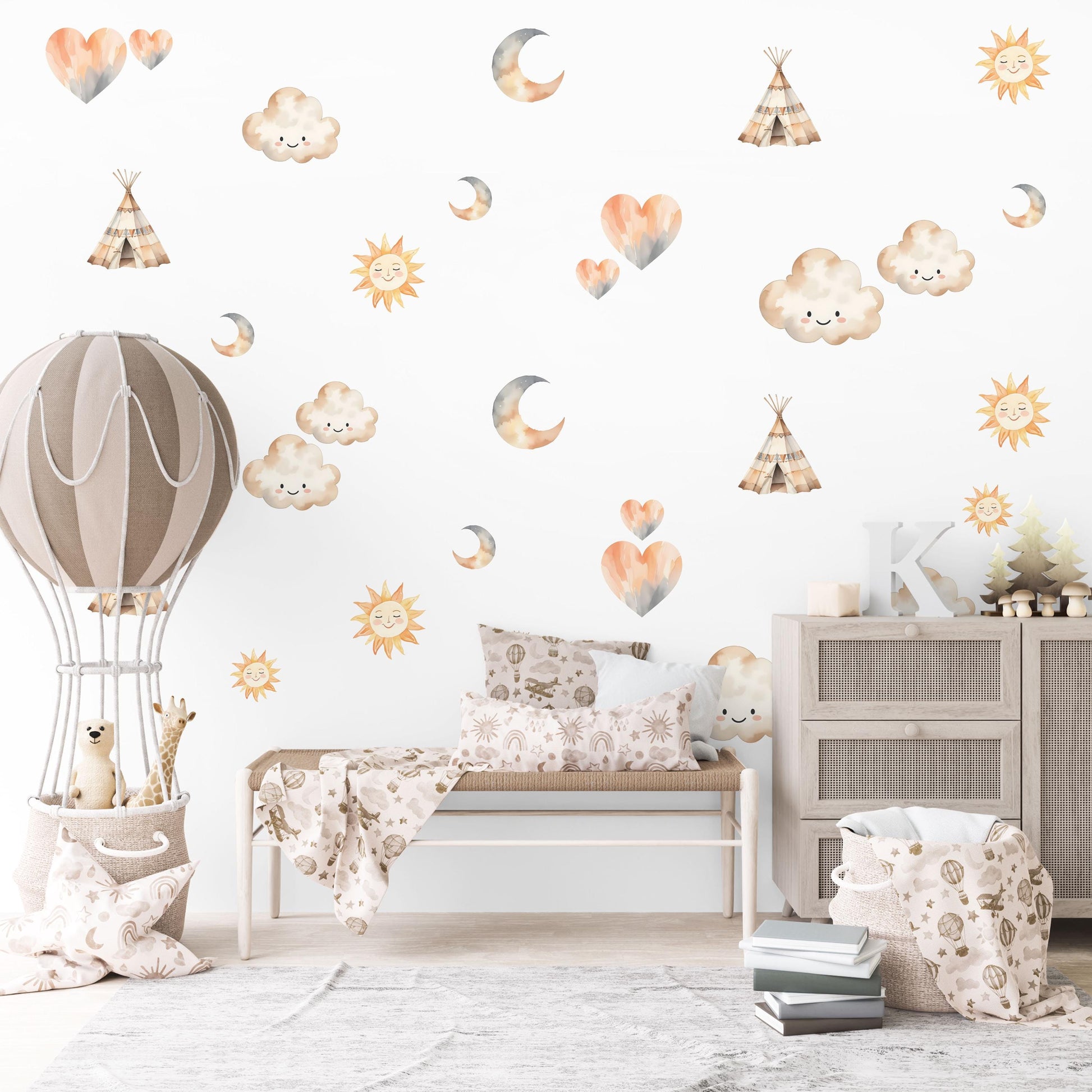 Boho Nursery Wall Decals Sun Moon Cloud Wall Stickers Teepee Nursery Decor Neutral Nursery Wall Art Woodland Baby Room Decals Peel and Stick