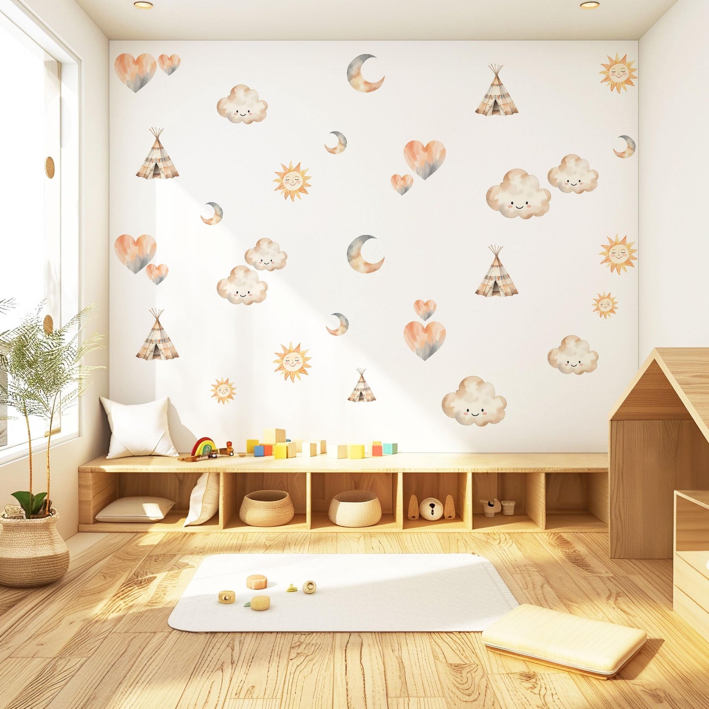 Boho Nursery Wall Decals Sun Moon Cloud Wall Stickers Teepee Nursery Decor Neutral Nursery Wall Art Woodland Baby Room Decals Peel and Stick