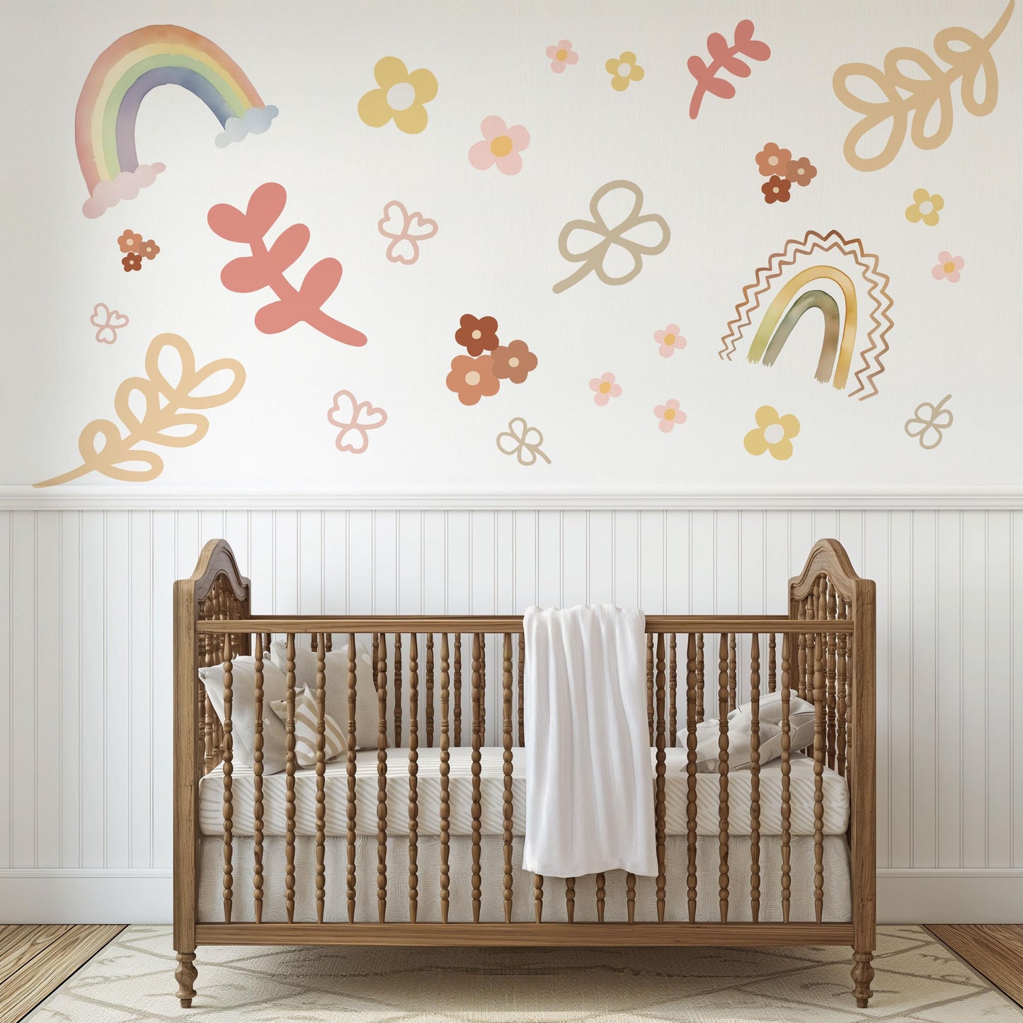 Boho Rainbow Wall Decal Neutral Nursery Wall Stickers Pastel Rainbow Nursery Decor Floral Wall Decals Baby Girl Nursery Decor Peel and Stick