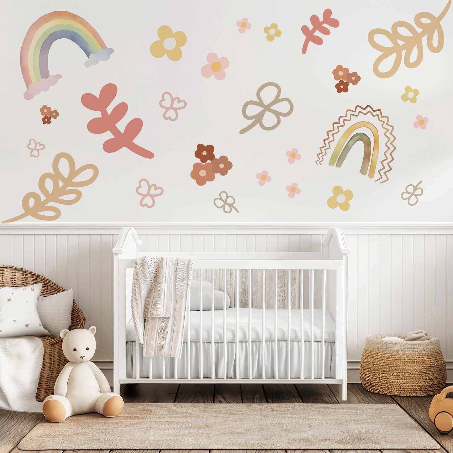 Boho Rainbow Wall Decal Neutral Nursery Wall Stickers Pastel Rainbow Nursery Decor Floral Wall Decals Baby Girl Nursery Decor Peel and Stick