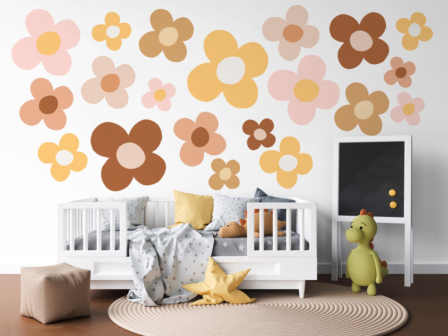 Boho Flower Wall Stickers Daisy Nursery Decor Neutral Floral Wall Decals Retro Flower Nursery Wall Art Girls Bedroom Decor Playroom Stickers