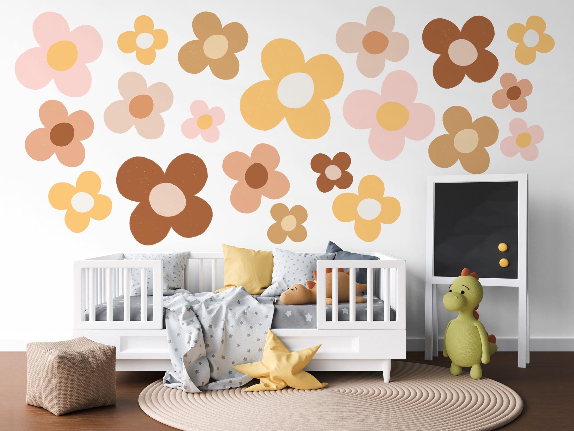 Boho Flower Wall Stickers Daisy Nursery Decor Neutral Floral Wall Decals Retro Flower Nursery Wall Art Girls Bedroom Decor Playroom Stickers