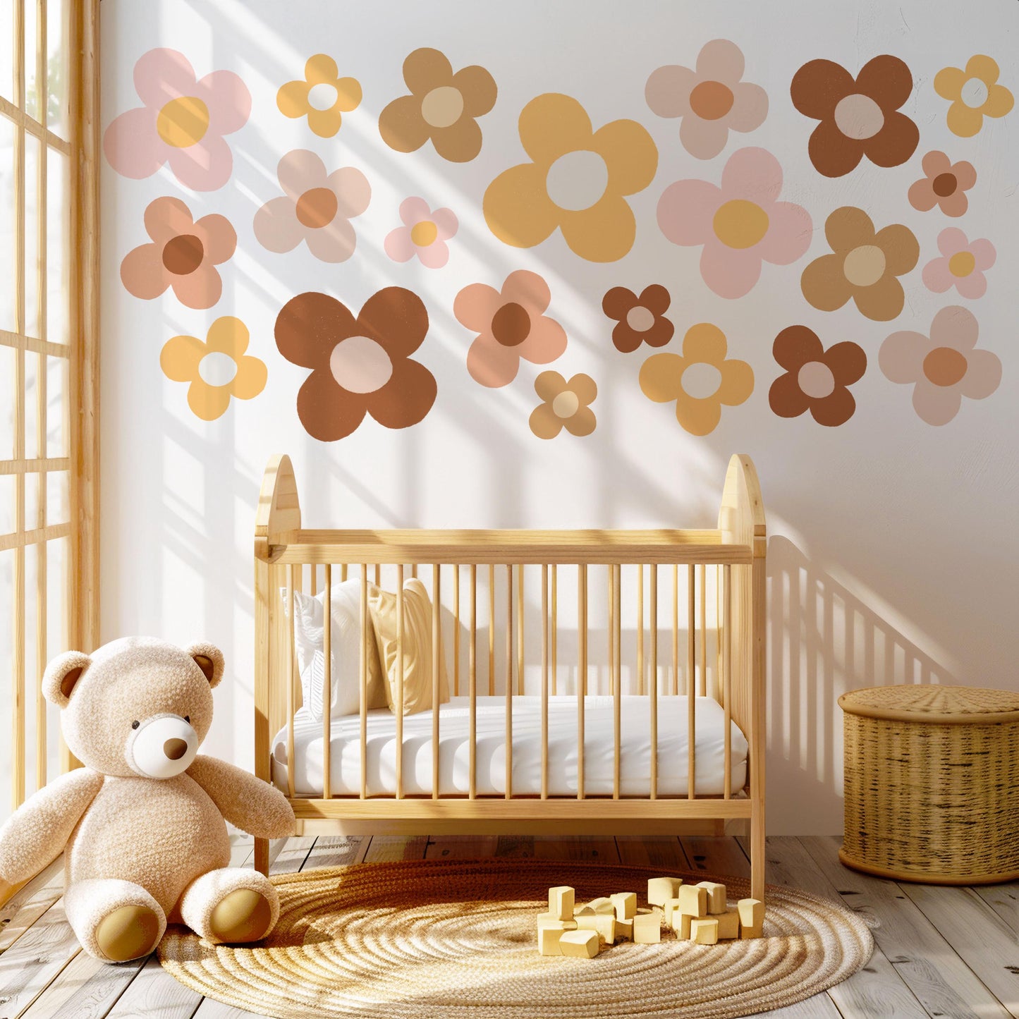 Boho Flower Wall Stickers Daisy Nursery Decor Neutral Floral Wall Decals Retro Flower Nursery Wall Art Girls Bedroom Decor Playroom Stickers