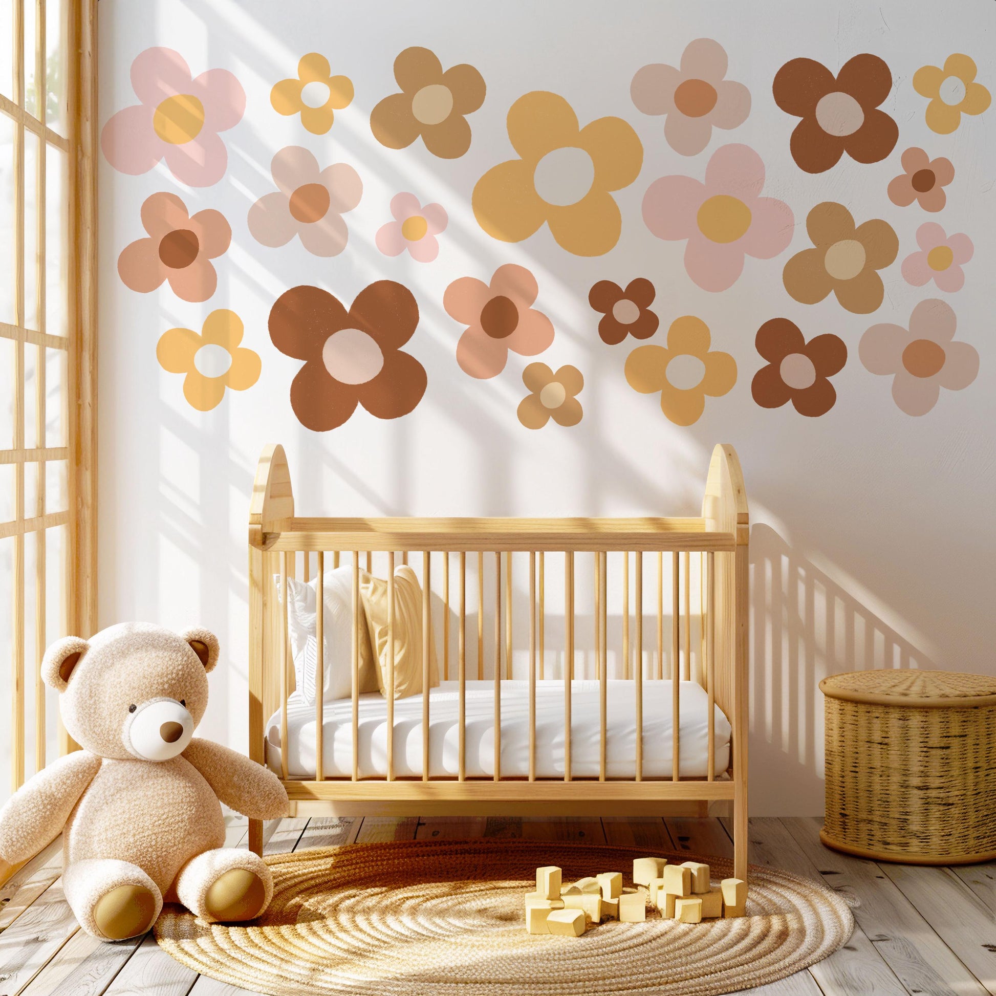 Boho Flower Wall Stickers Daisy Nursery Decor Neutral Floral Wall Decals Retro Flower Nursery Wall Art Girls Bedroom Decor Playroom Stickers