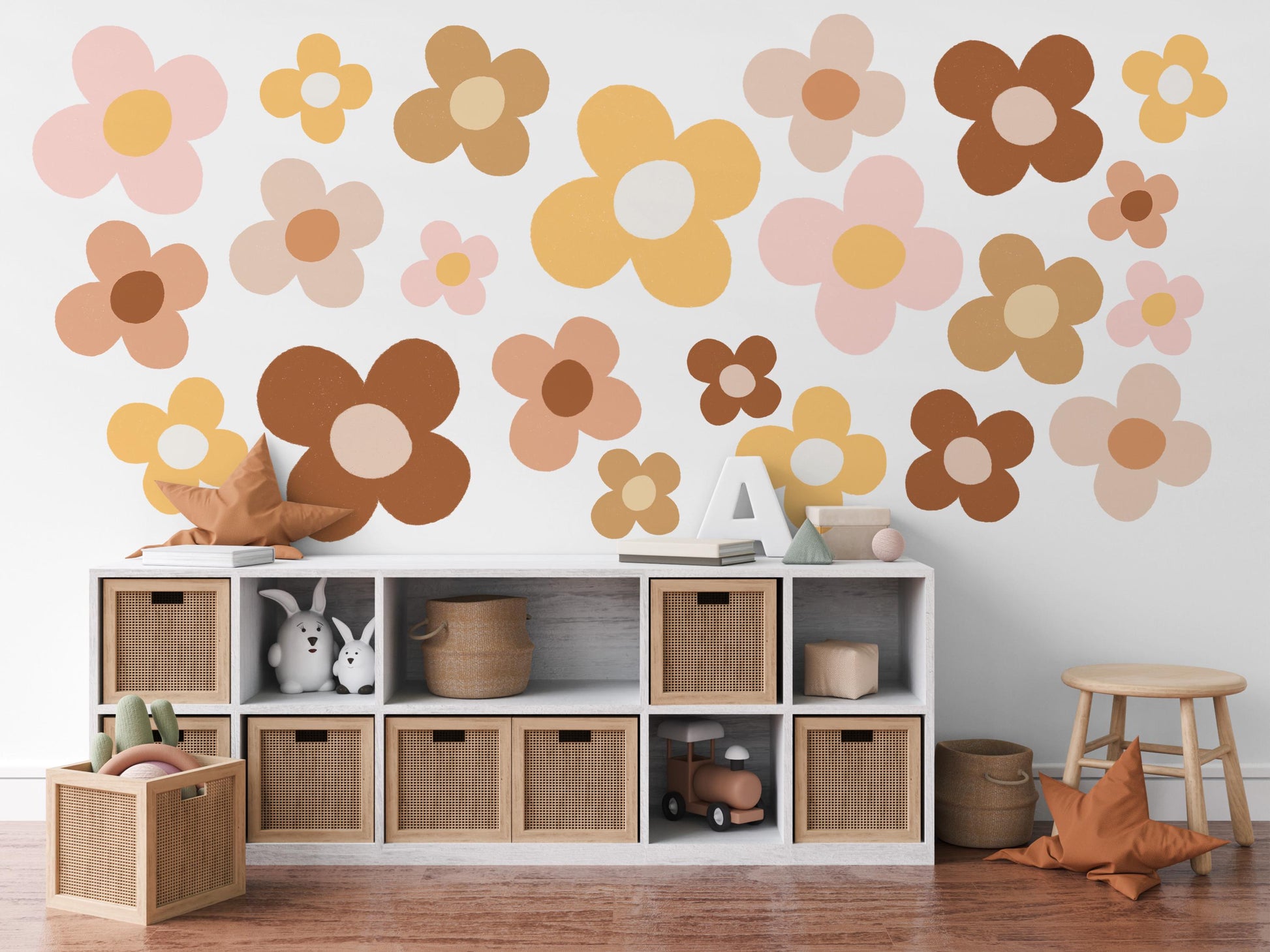 Boho Flower Wall Stickers Daisy Nursery Decor Neutral Floral Wall Decals Retro Flower Nursery Wall Art Girls Bedroom Decor Playroom Stickers