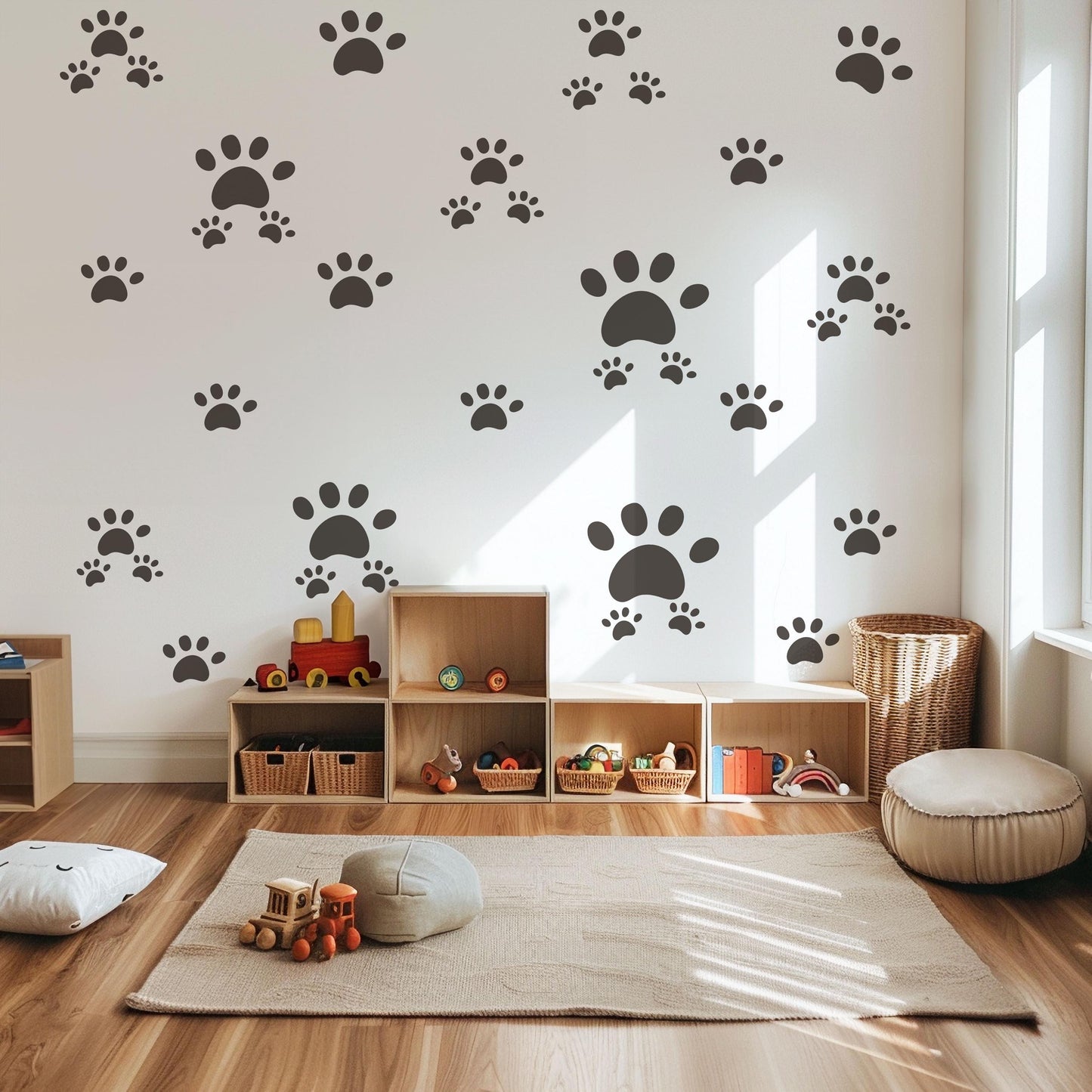 Dog Paw Print Wall Stickers for Nursery, Puppy Bedroom Decor, Pet Paw Decals, Neutral Kids Room Wall Art, Animal Footprint Playroom Stickers