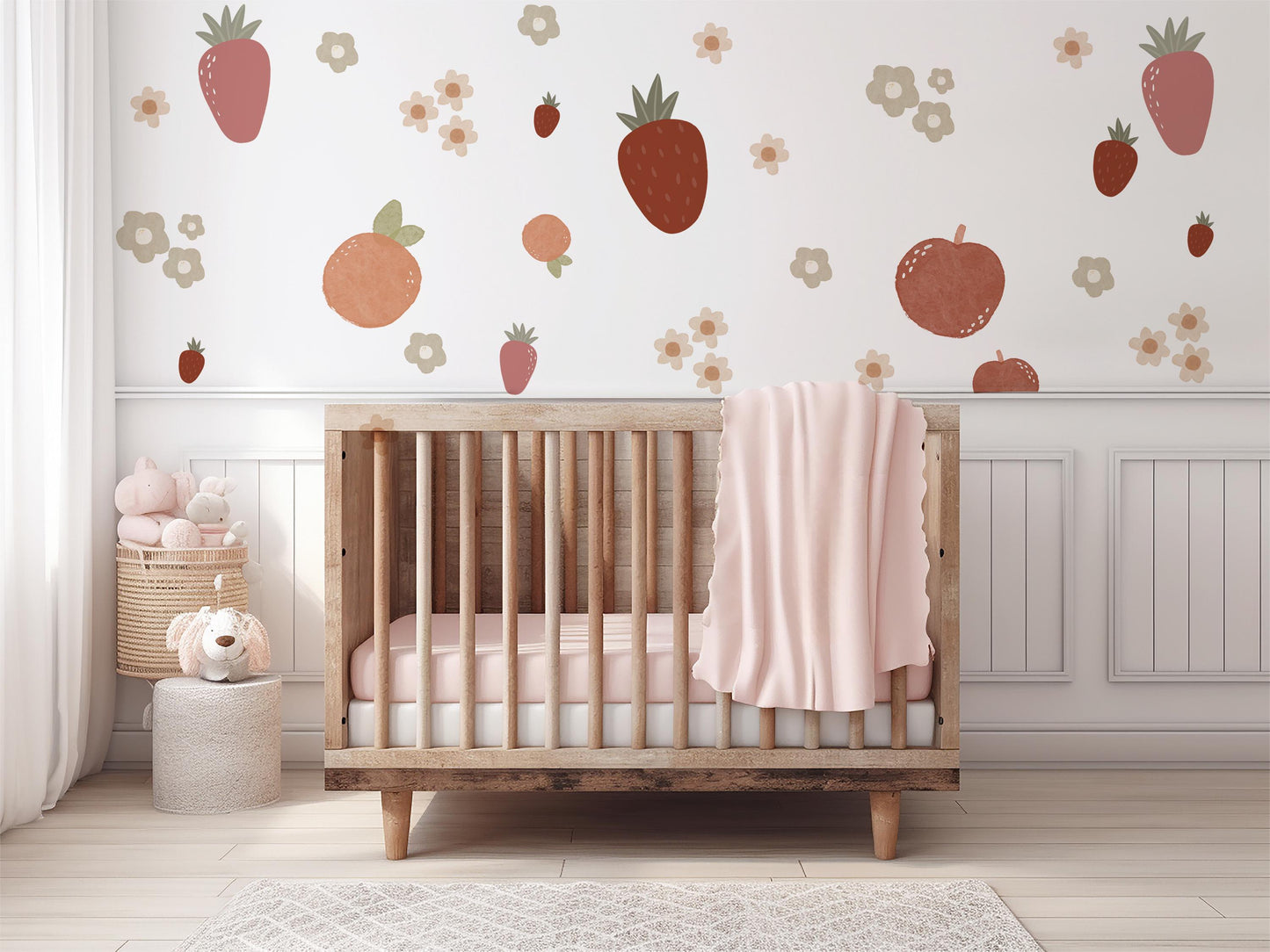 Strawberry Wall Decals Fruit Nursery Wall Stickers, Strawberry Nursery Decor, Boho Nursery Wall Art, Peach Wall Decals, Baby Girl Room Decor