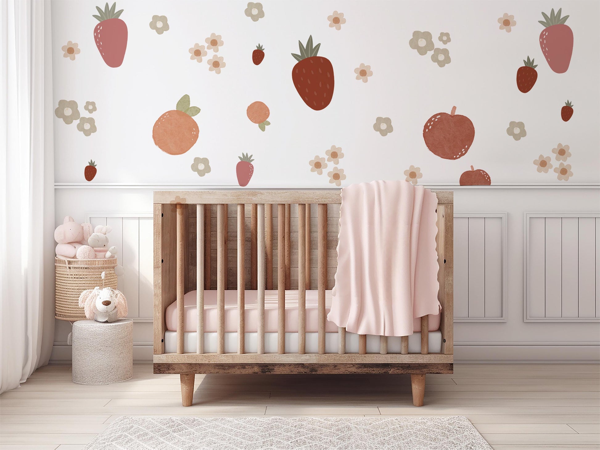 Strawberry Wall Decals Fruit Nursery Wall Stickers, Strawberry Nursery Decor, Boho Nursery Wall Art, Peach Wall Decals, Baby Girl Room Decor