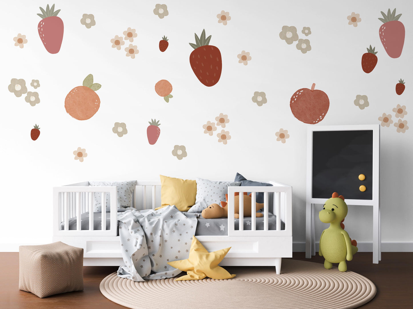 Strawberry Wall Decals Fruit Nursery Wall Stickers, Strawberry Nursery Decor, Boho Nursery Wall Art, Peach Wall Decals, Baby Girl Room Decor