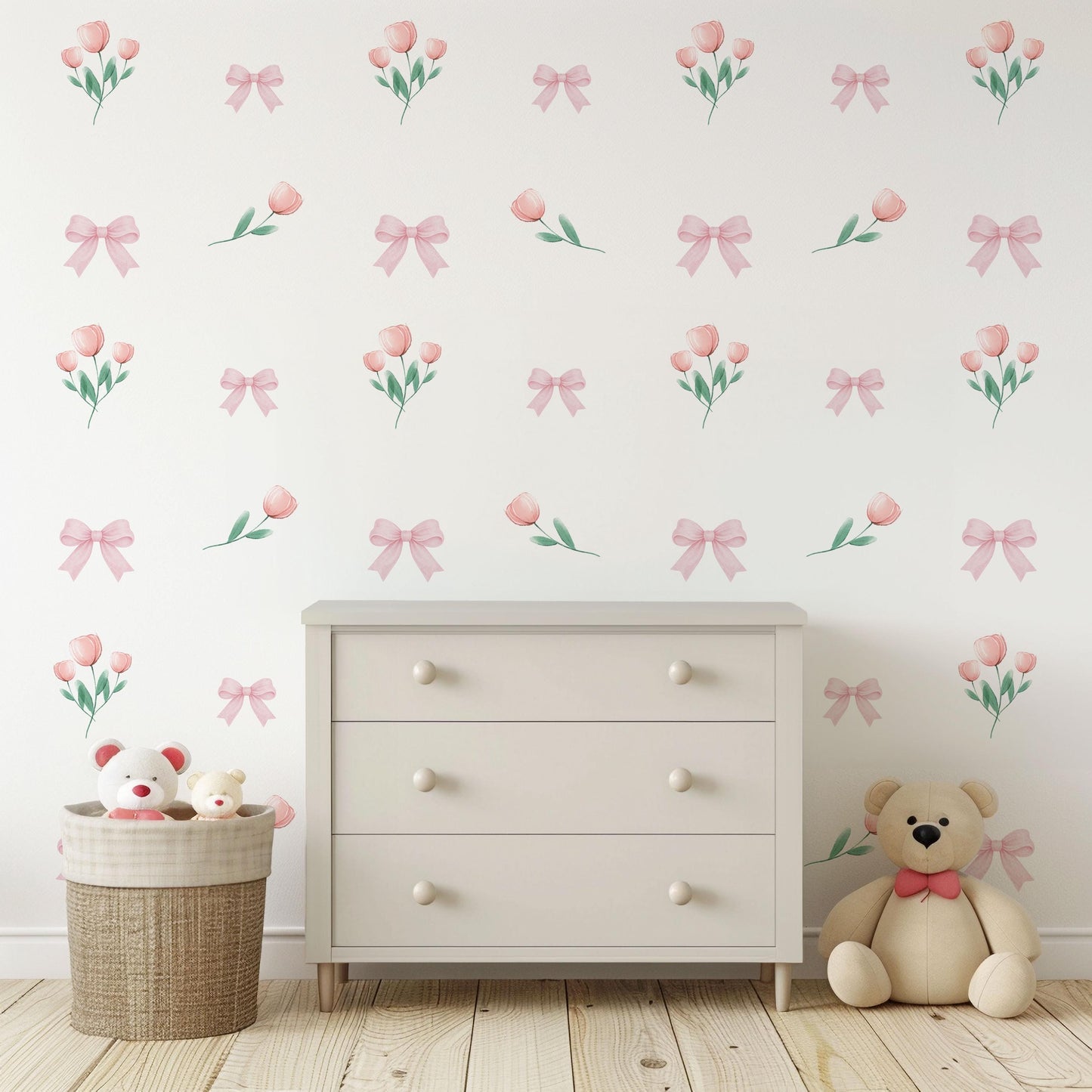 Pink Bow Wall Decals Tulip Nursery Wall Stickers Baby Girl Nursery Decor Watercolour Floral Wall Decal Coquette Nursery Decor Peel and Stick