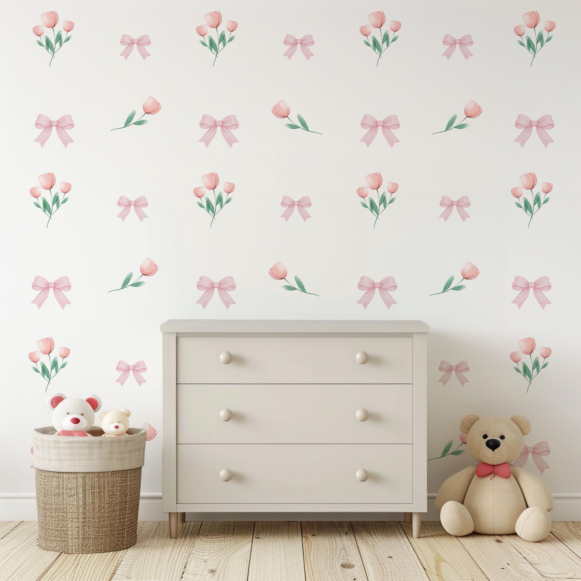 Pink Bow Wall Decals Tulip Nursery Wall Stickers Baby Girl Nursery Decor Watercolour Floral Wall Decal Coquette Nursery Decor Peel and Stick