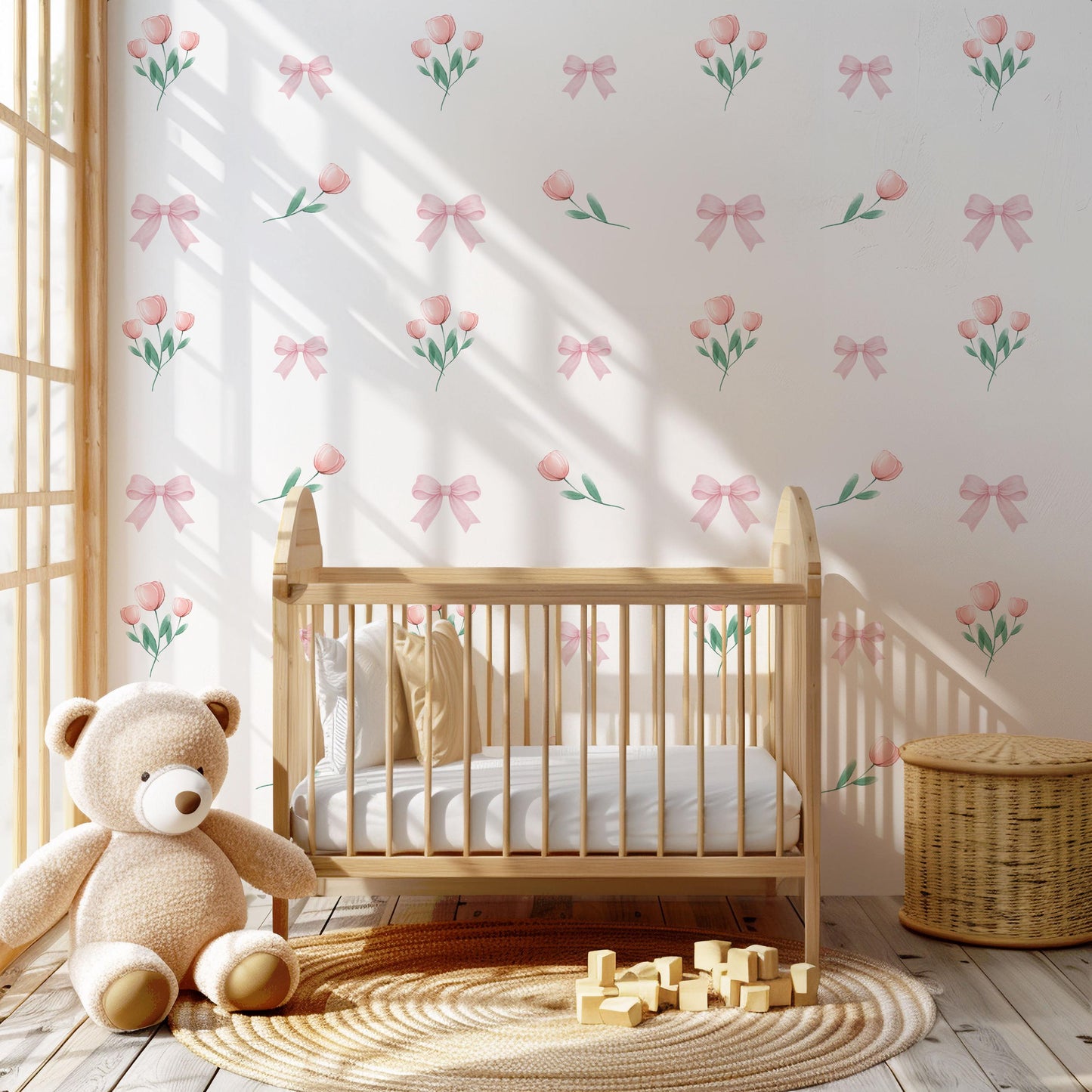 Pink Bow Wall Decals Tulip Nursery Wall Stickers Baby Girl Nursery Decor Watercolour Floral Wall Decal Coquette Nursery Decor Peel and Stick