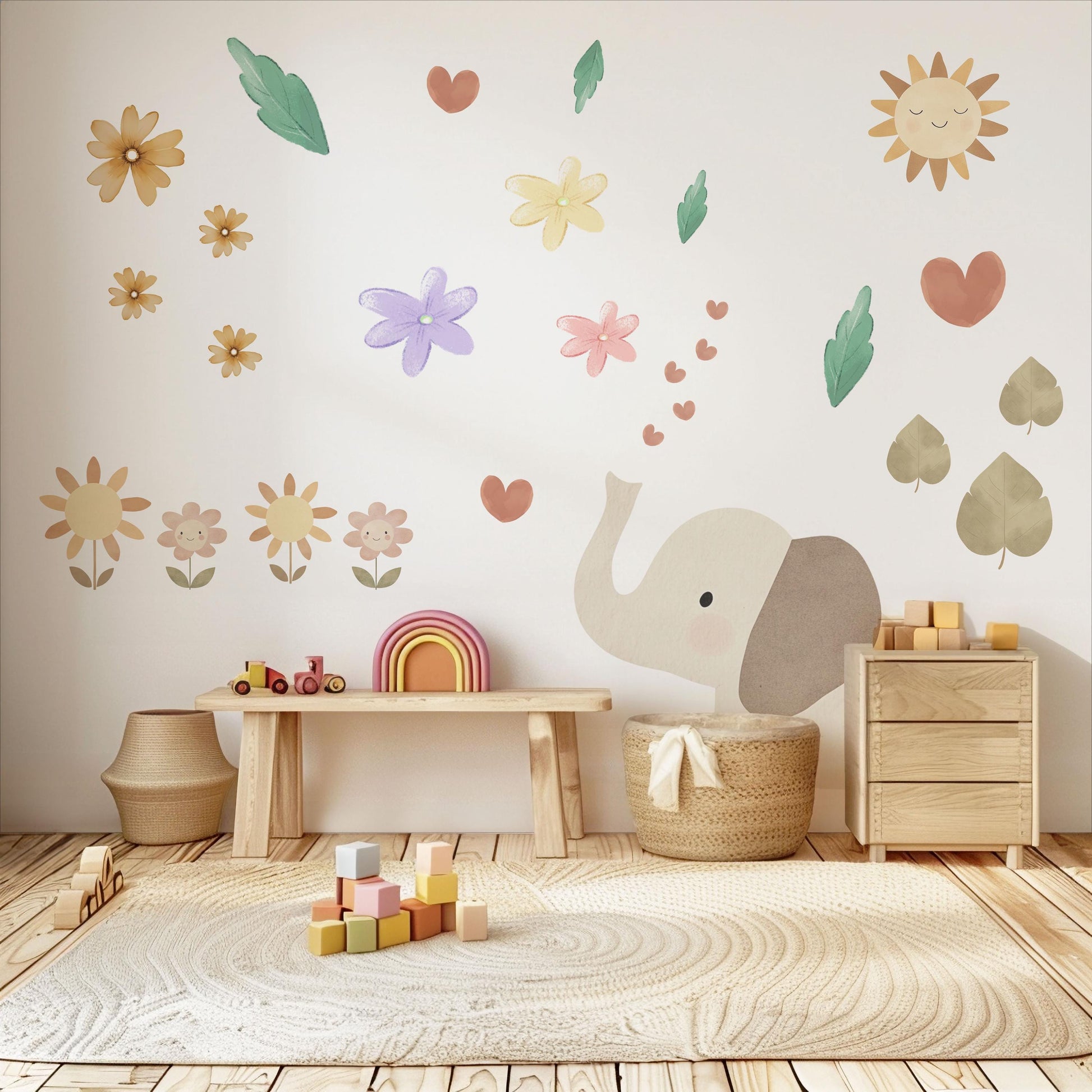 Elephant Nursery Wall Decals Safari Wall Stickers Baby Animal Nursery Decor Floral Nursery Wall Decals Peel and Stick Elephant Bedroom Decor