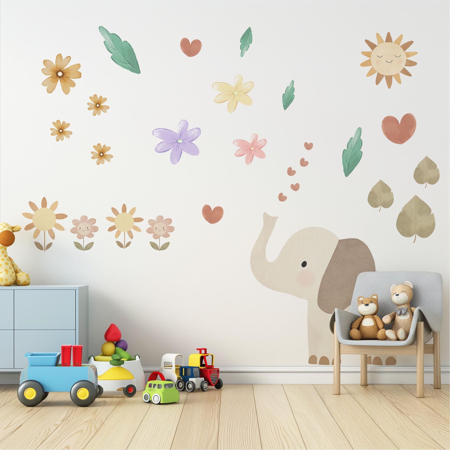 Elephant Nursery Wall Decals Safari Wall Stickers Baby Animal Nursery Decor Floral Nursery Wall Decals Peel and Stick Elephant Bedroom Decor