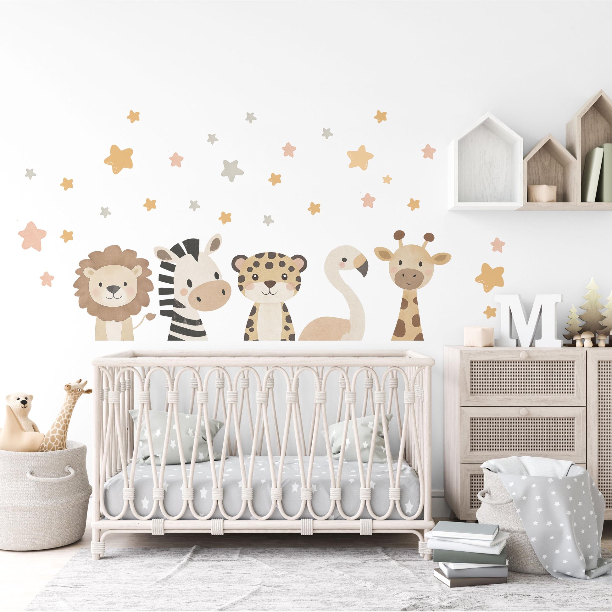 Safari Animal Wall Stickers Neutral Nursery Decor Lion Zebra Giraffe Flamingo Wall Decals Jungle Nursery Baby Room Decor