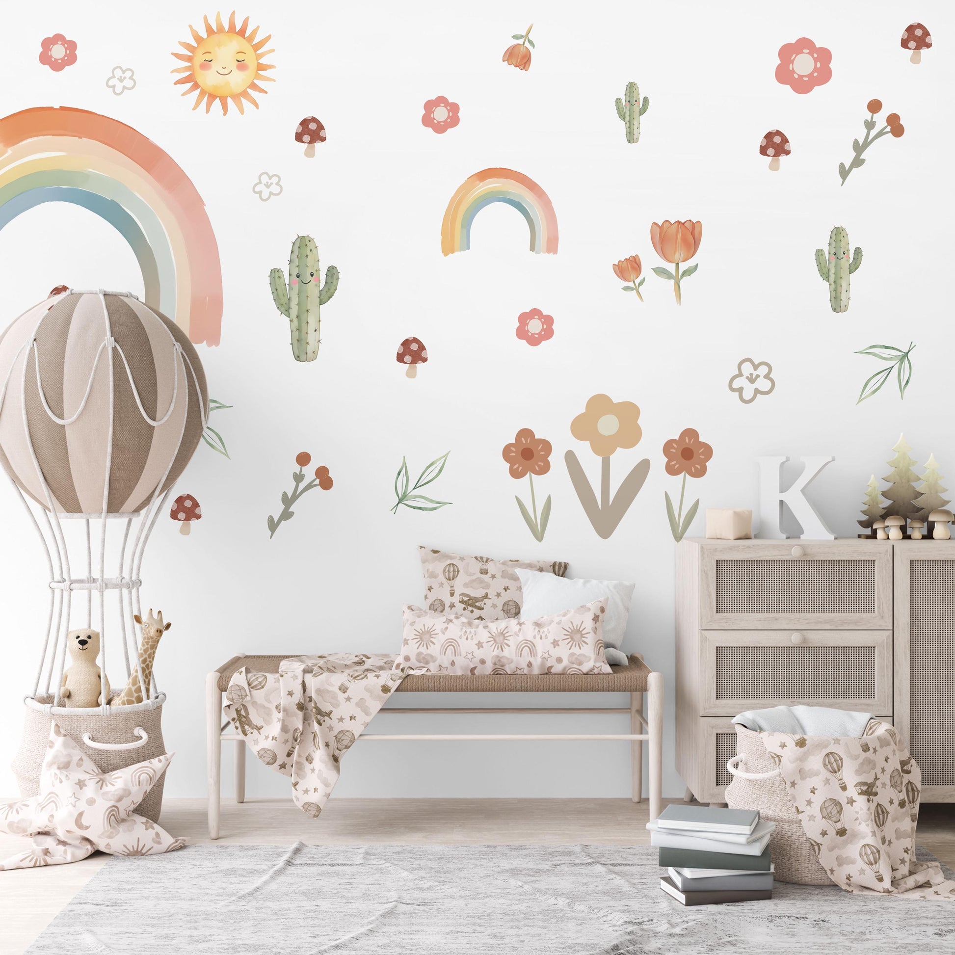 Boho Rainbow Wall Decals, Rainbow Nursery Wall Stickers, Cactus Nursery Decor, Retro Floral Wall Decals, Peel and Stick Nursery Decor