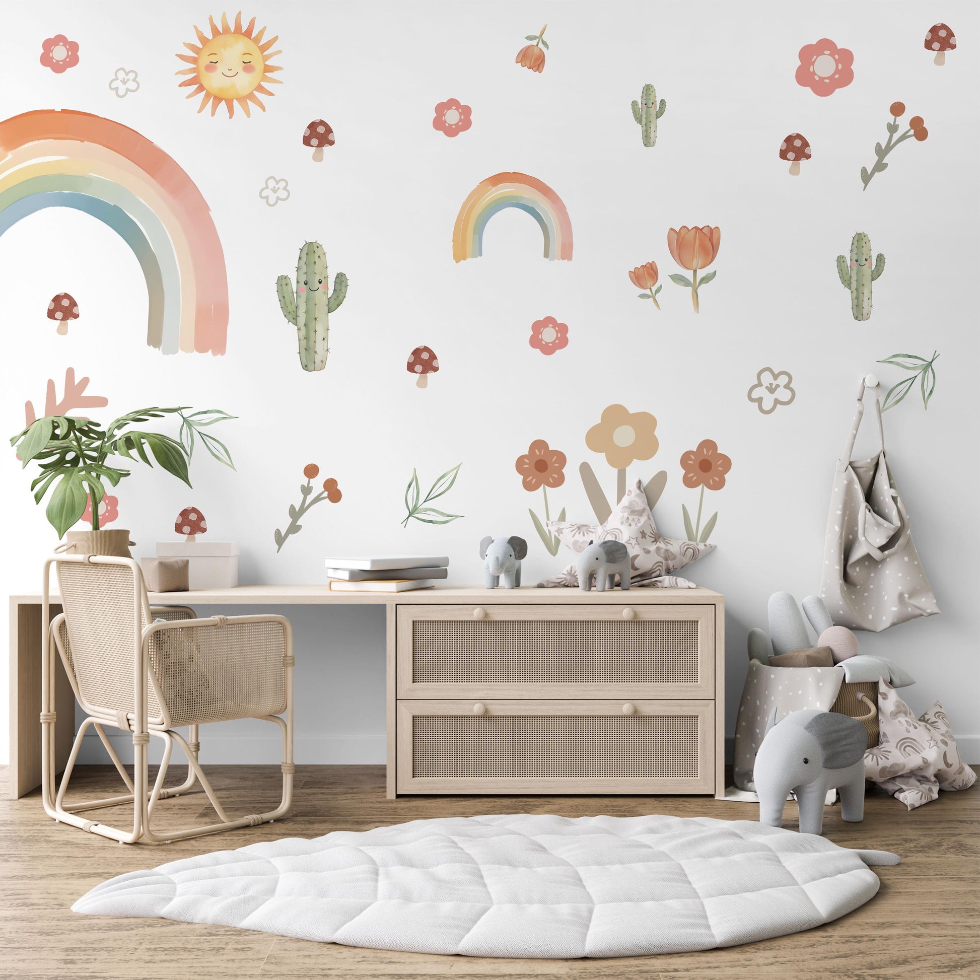 Boho Rainbow Wall Decals, Rainbow Nursery Wall Stickers, Cactus Nursery Decor, Retro Floral Wall Decals, Peel and Stick Nursery Decor