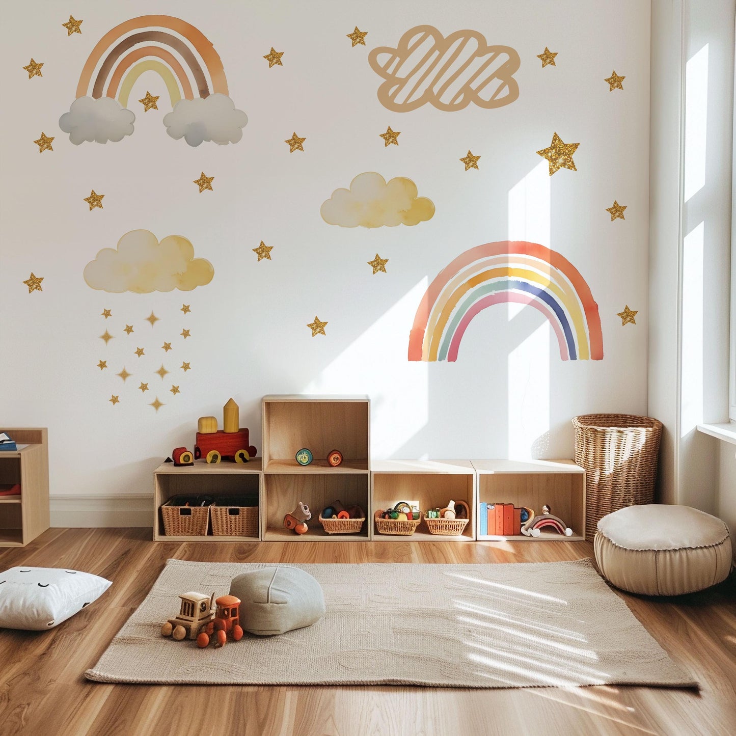 Rainbow Wall Decals Nursery, Rainbow Wall Stickers, Boho Nursery Decor, Cloud Wall Decals, Star Nursery Wall Stickers, Peel and Stick Decor