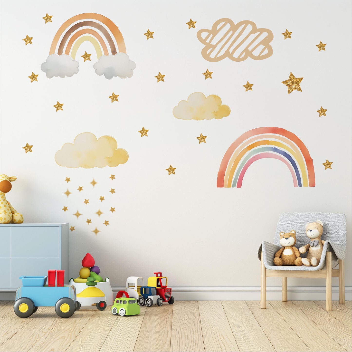 Rainbow Wall Decals Nursery, Rainbow Wall Stickers, Boho Nursery Decor, Cloud Wall Decals, Star Nursery Wall Stickers, Peel and Stick Decor