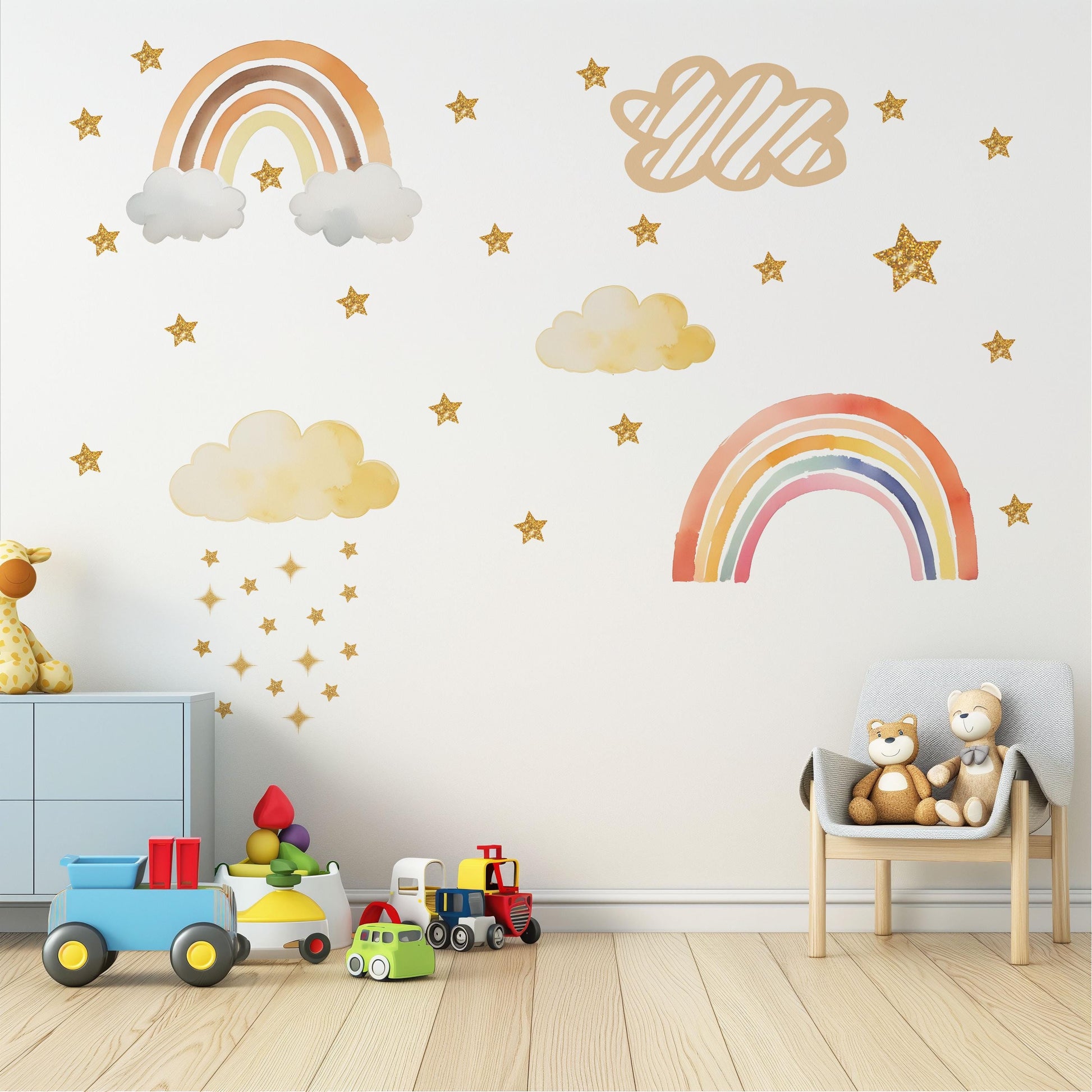 Rainbow Wall Decals Nursery, Rainbow Wall Stickers, Boho Nursery Decor, Cloud Wall Decals, Star Nursery Wall Stickers, Peel and Stick Decor