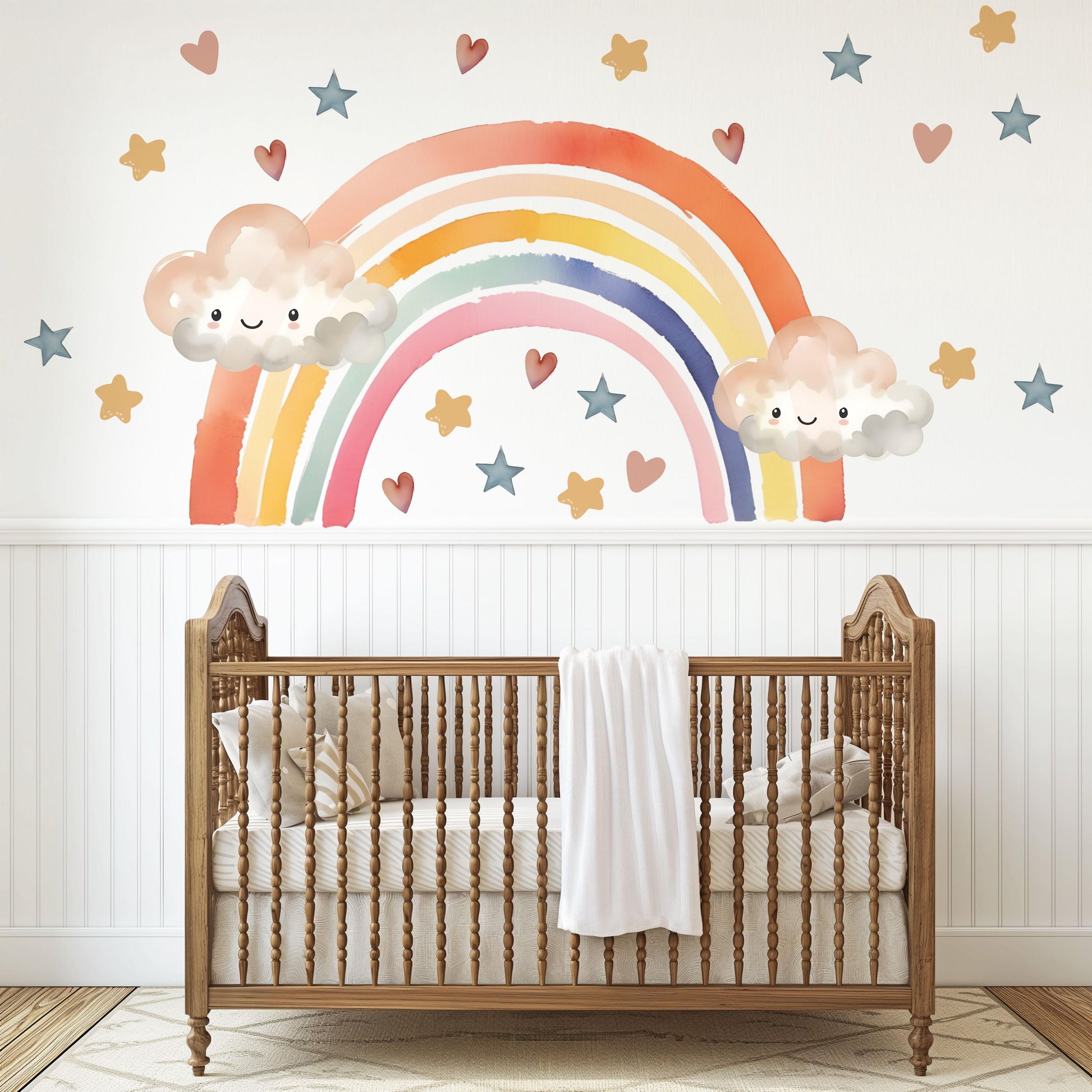 Rainbow Wall Decals Nursery Kawaii Cloud Wall Stickers Rainbow Nursery Decor Star Wall Decals, Cute Nursery Wall Art, Peel and Stick Rainbow