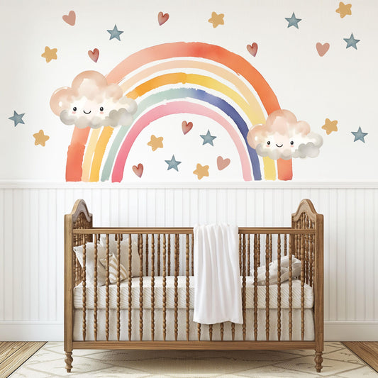 Rainbow Wall Decals Nursery Kawaii Cloud Wall Stickers Rainbow Nursery Decor Star Wall Decals, Cute Nursery Wall Art, Peel and Stick Rainbow