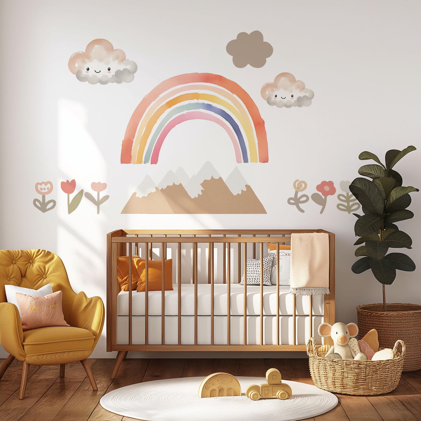Rainbow Mountain Wall Decals Boho Nursery Wall Stickers Neutral Rainbow Decor Cloud Nursery Decals Peel and Stick Kids Room