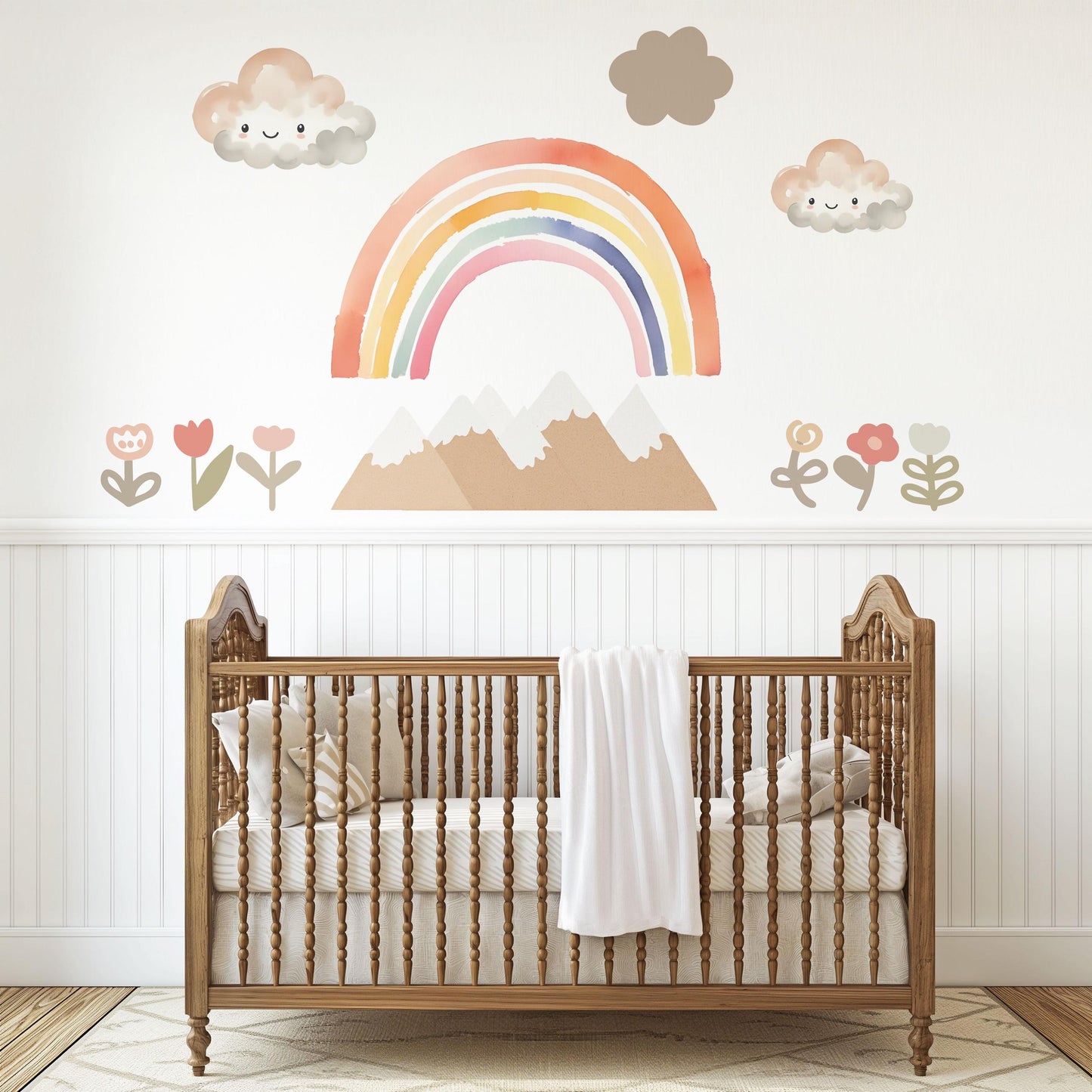 Rainbow Mountain Wall Decals Boho Nursery Wall Stickers Neutral Rainbow Decor Cloud Nursery Decals Peel and Stick Kids Room