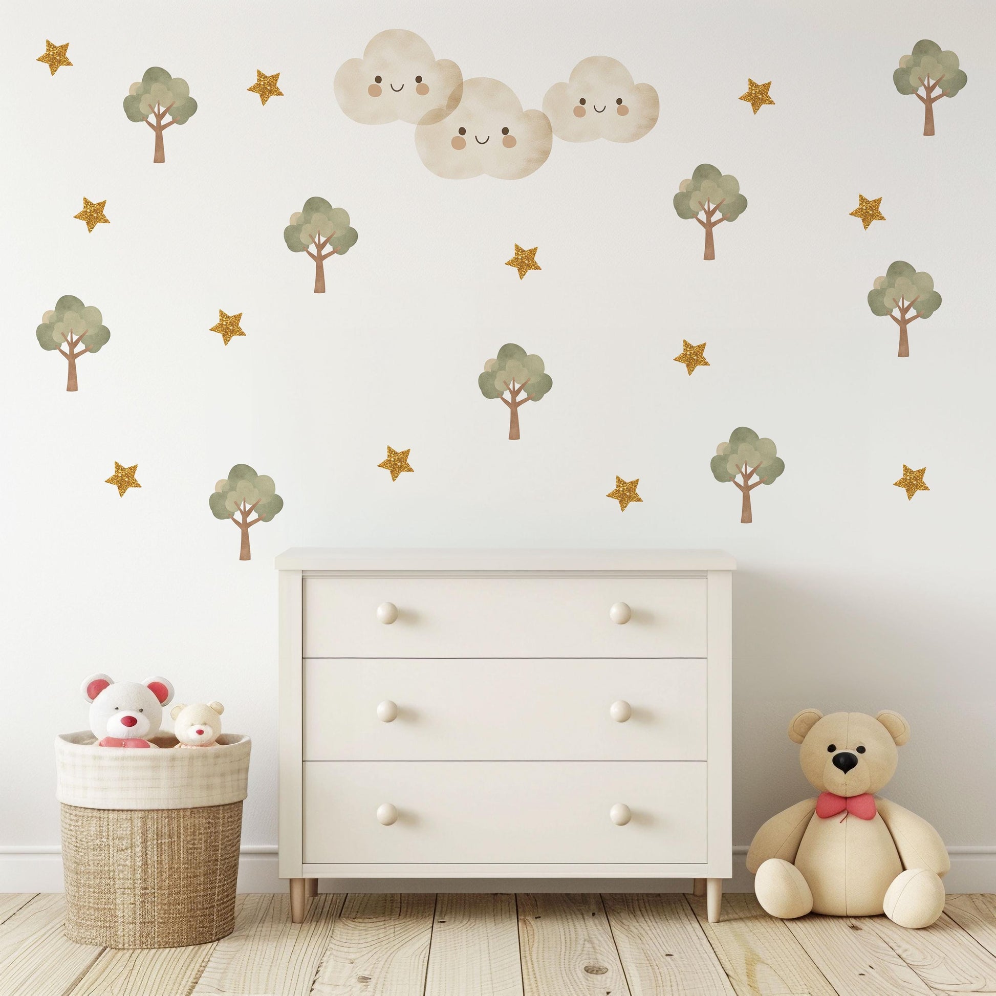Woodland Tree Wall Decals Nursery Wall Stickers Neutral Nursery Decor Cloud Wall Decals Forest Nursery Peel and Stick Kids