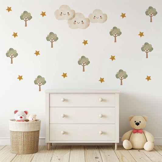 Woodland Tree Wall Decals Nursery Wall Stickers Neutral Nursery Decor Cloud Wall Decals Forest Nursery Peel and Stick Kids