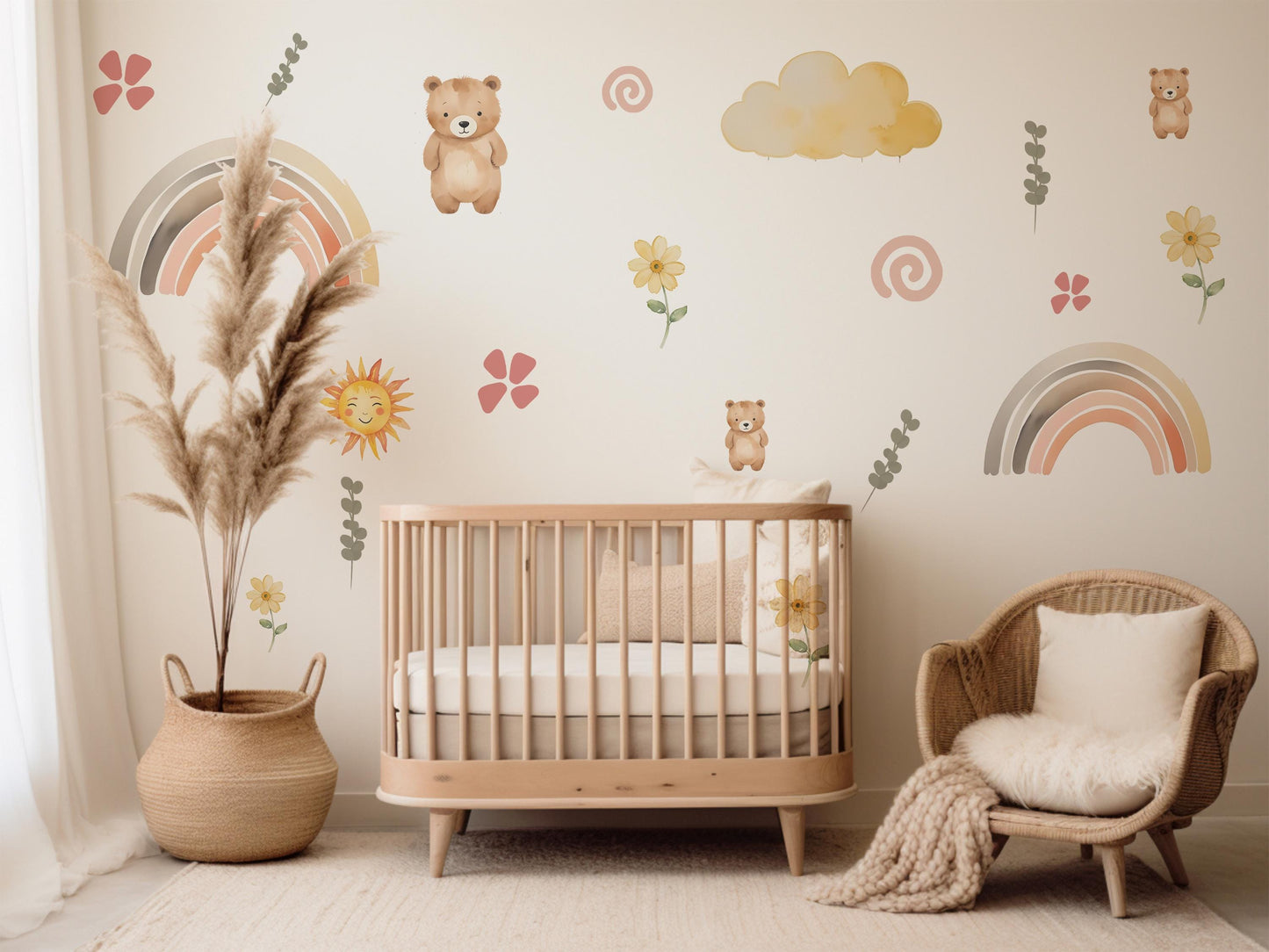 Teddy Bear Wall Decals Nursery Wall Stickers Bear Nursery Decor Neutral Nursery Decor Rainbow Wall Decals Peel and Stick