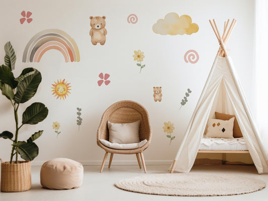 Teddy Bear Wall Decals Nursery Wall Stickers Bear Nursery Decor Neutral Nursery Decor Rainbow Wall Decals Peel and Stick