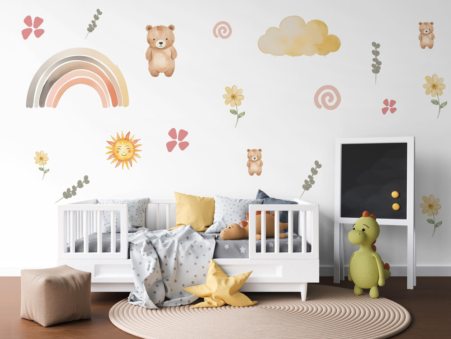 Teddy Bear Wall Decals Nursery Wall Stickers Bear Nursery Decor Neutral Nursery Decor Rainbow Wall Decals Peel and Stick