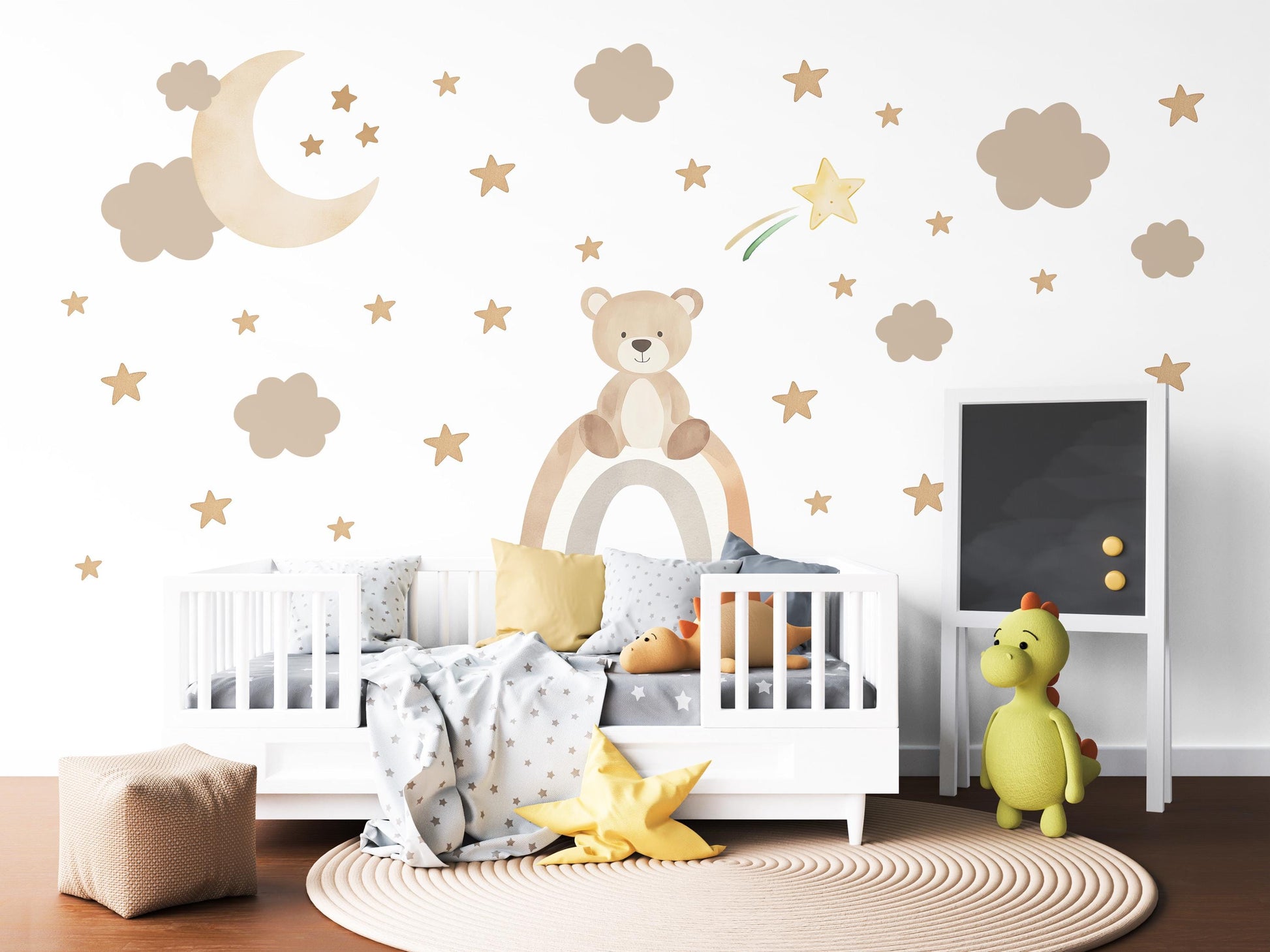 Teddy Bear Wall Decals Neutral Nursery Decor Bear Wall Stickers Beige Nursery Wall Art Moon Stars Baby Boy Room Decor