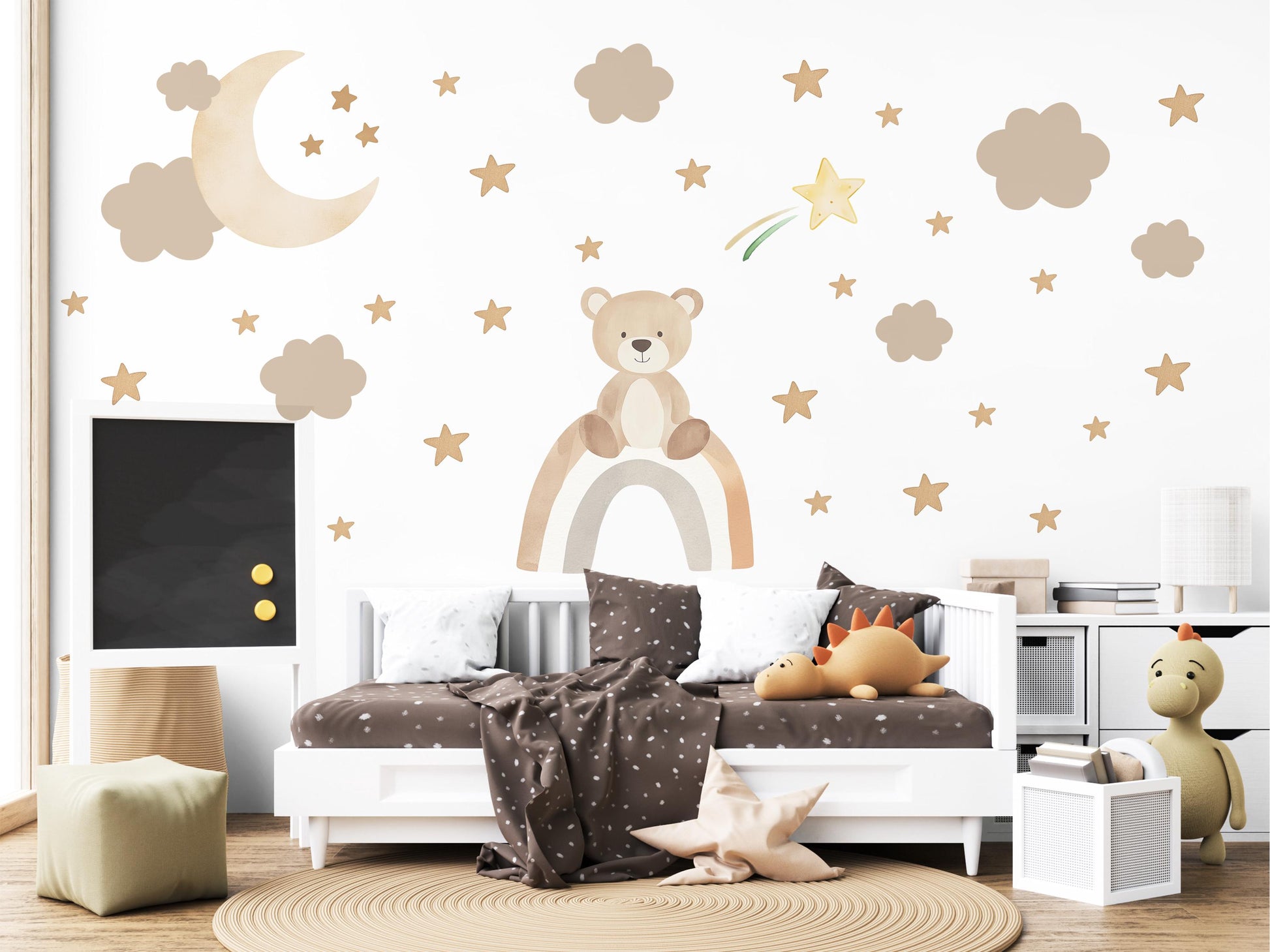 Teddy Bear Wall Decals Neutral Nursery Decor Bear Wall Stickers Beige Nursery Wall Art Moon Stars Baby Boy Room Decor
