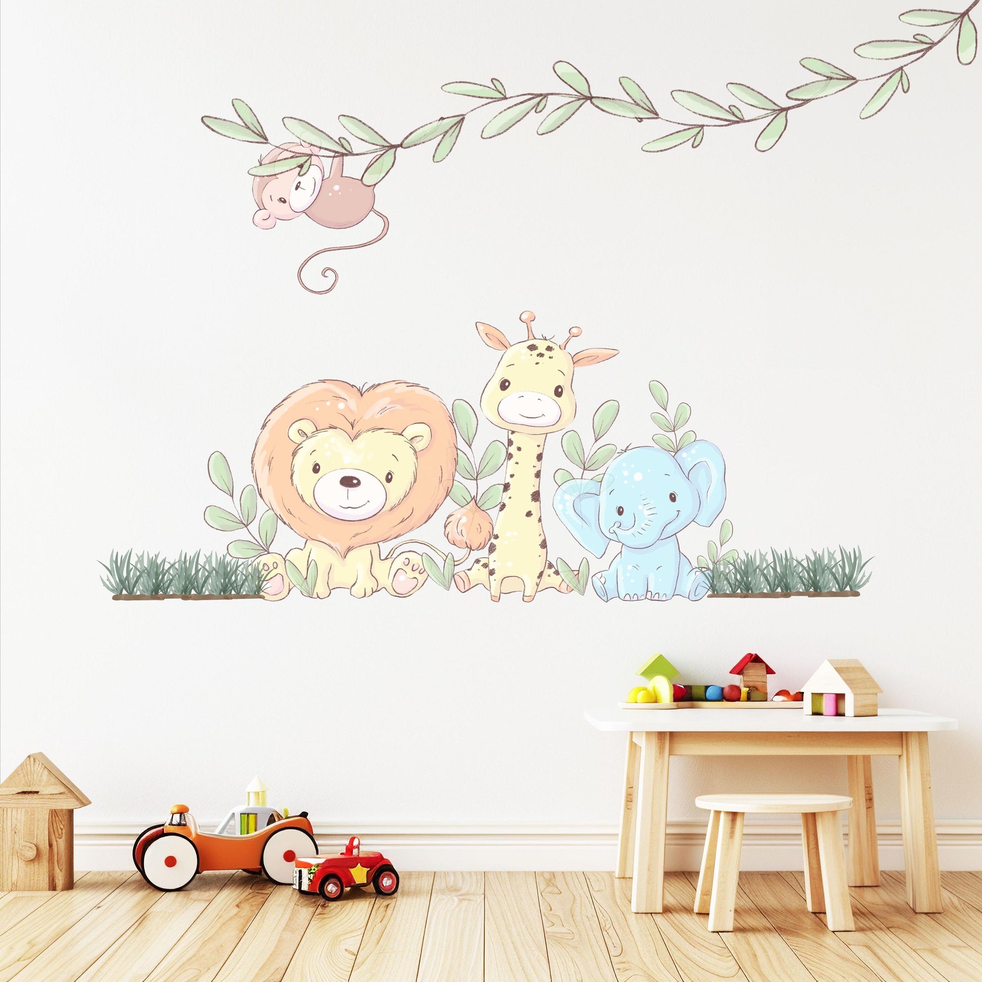 Safari Nursery Wall Stickers Jungle Animal Wall Decals Lion Giraffe Elephant Monkey Nursery Decor Neutral Baby Room Wall Art