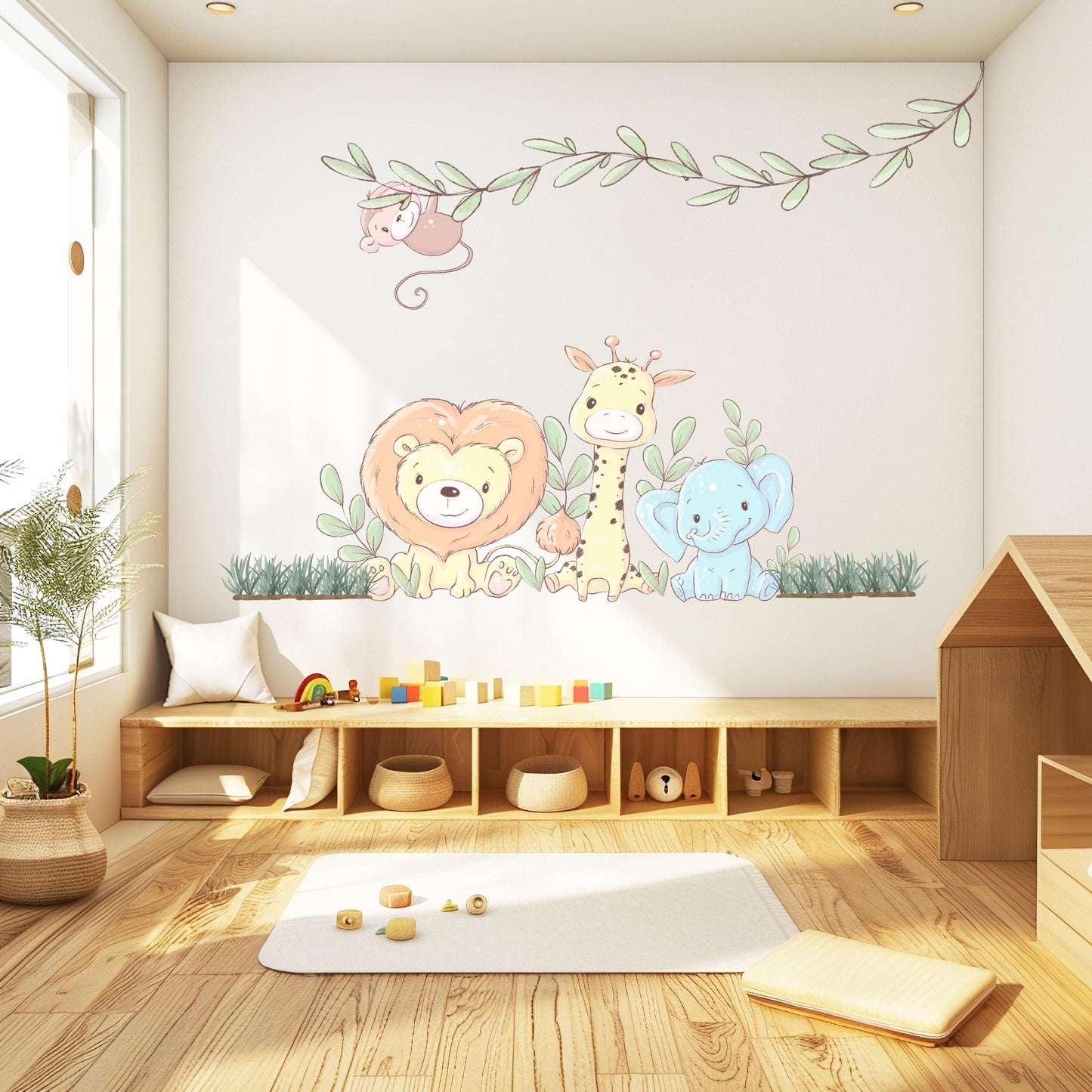 Safari Nursery Wall Stickers Jungle Animal Wall Decals Lion Giraffe Elephant Monkey Nursery Decor Neutral Baby Room Wall Art