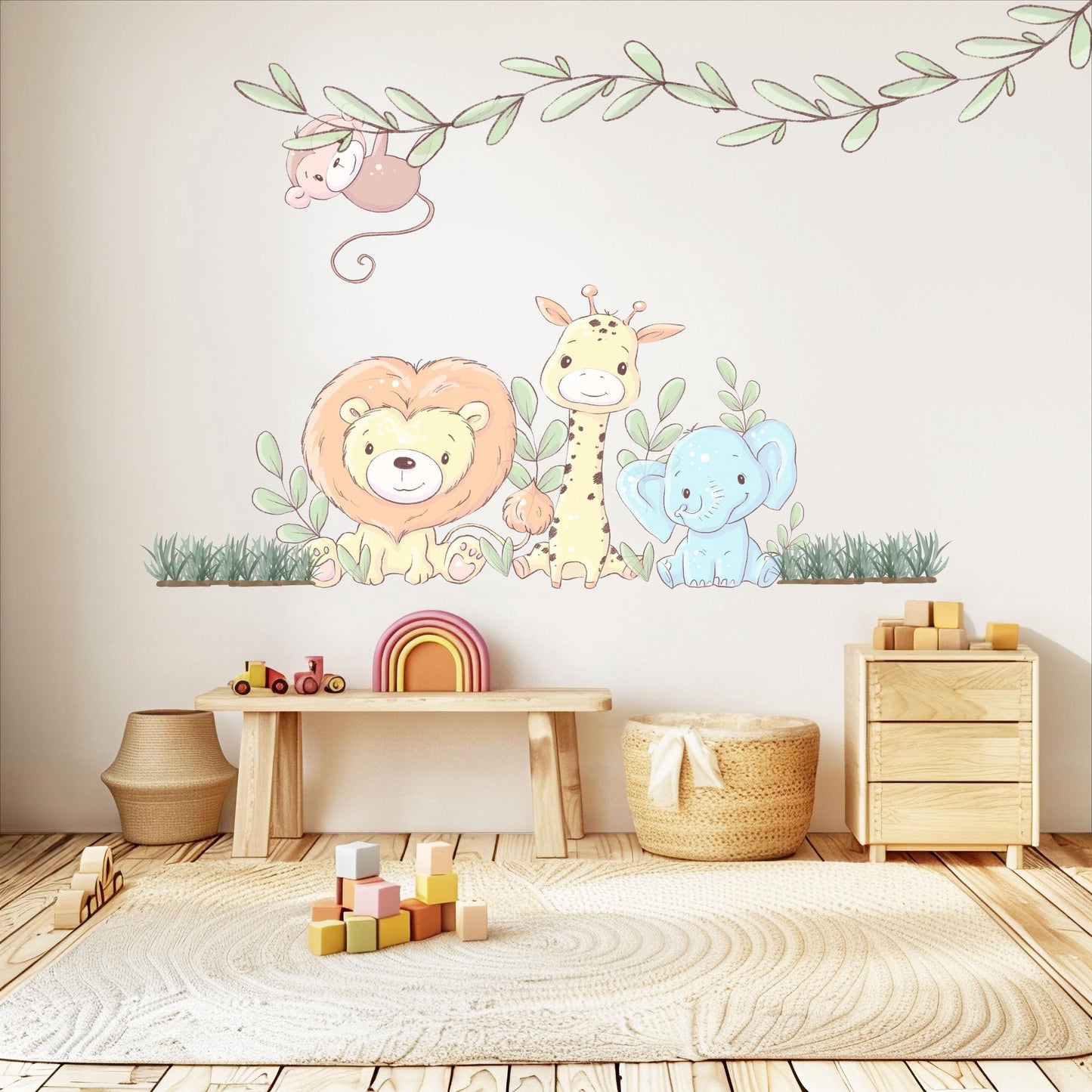Safari Nursery Wall Stickers Jungle Animal Wall Decals Lion Giraffe Elephant Monkey Nursery Decor Neutral Baby Room Wall Art