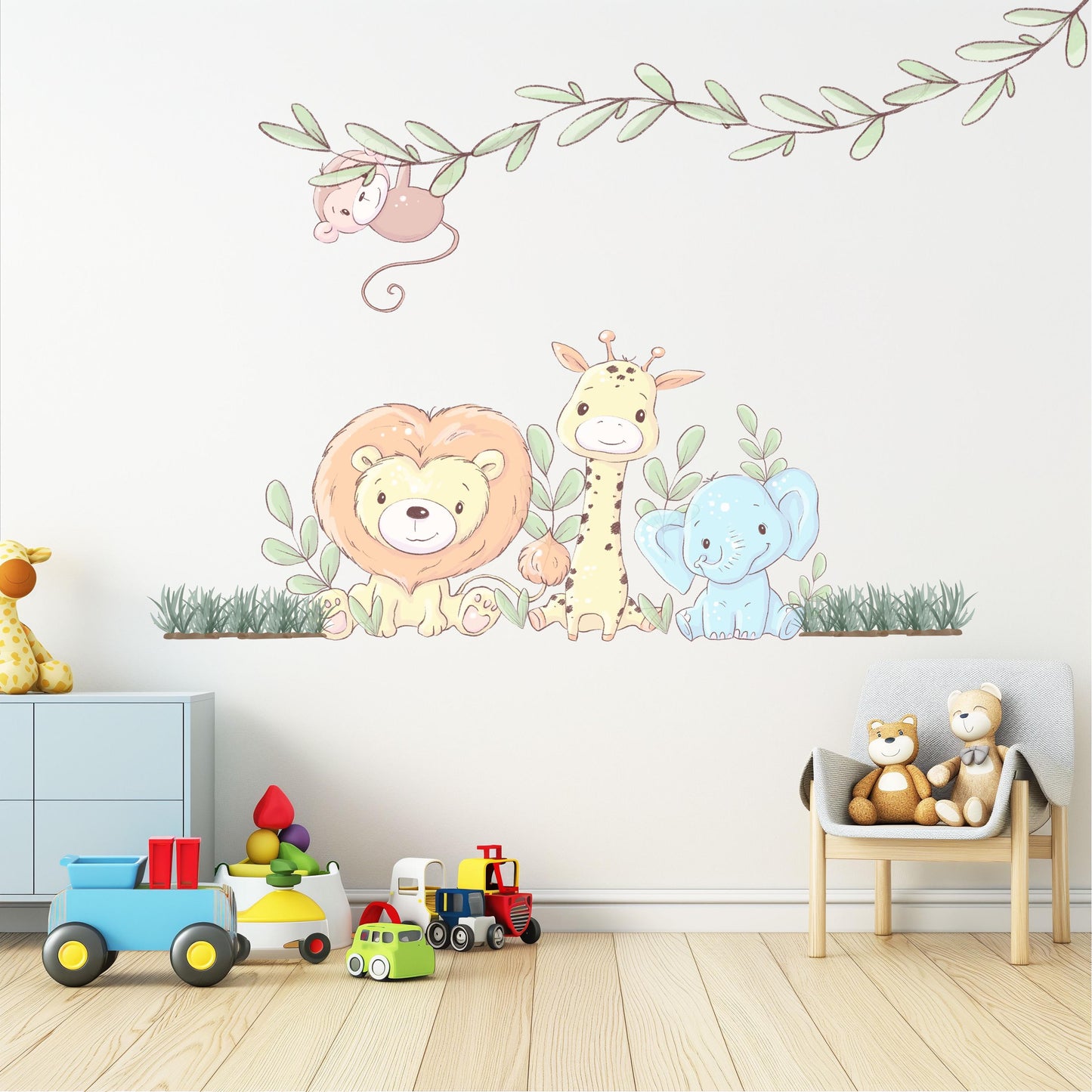 Safari Nursery Wall Stickers Jungle Animal Wall Decals Lion Giraffe Elephant Monkey Nursery Decor Neutral Baby Room Wall Art
