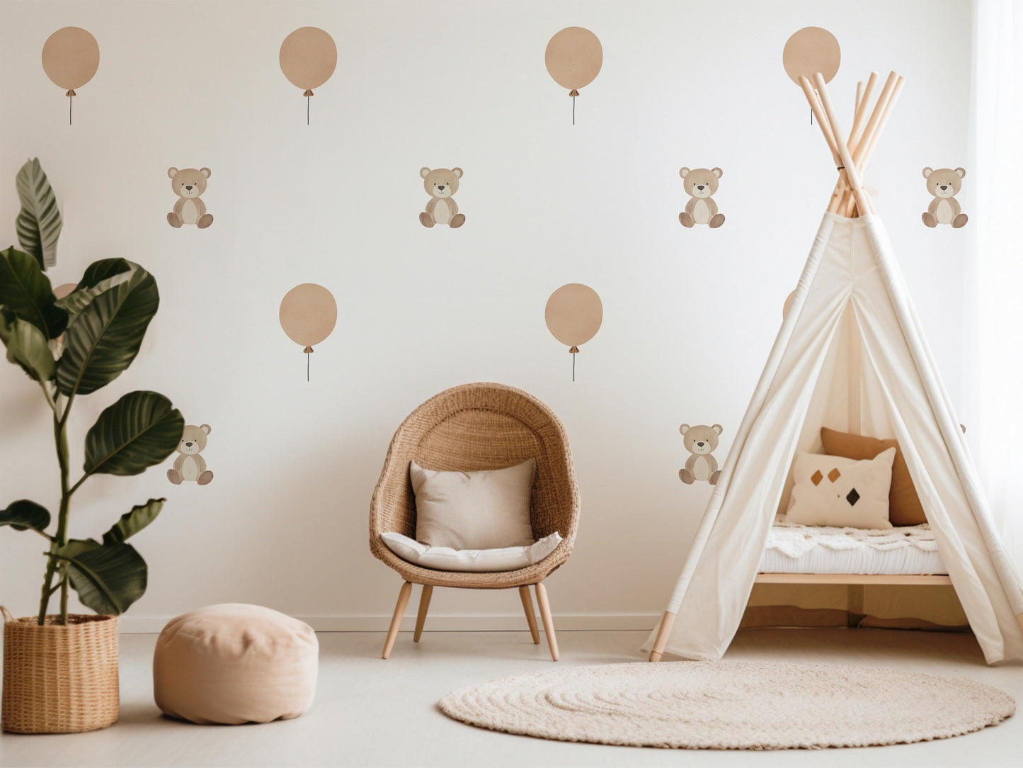 Teddy Bear Wall Stickers Neutral Nursery Decor Balloon Wall Decals Baby Room Decor Bear Nursery Stickers Kids Bedroom Wall Art